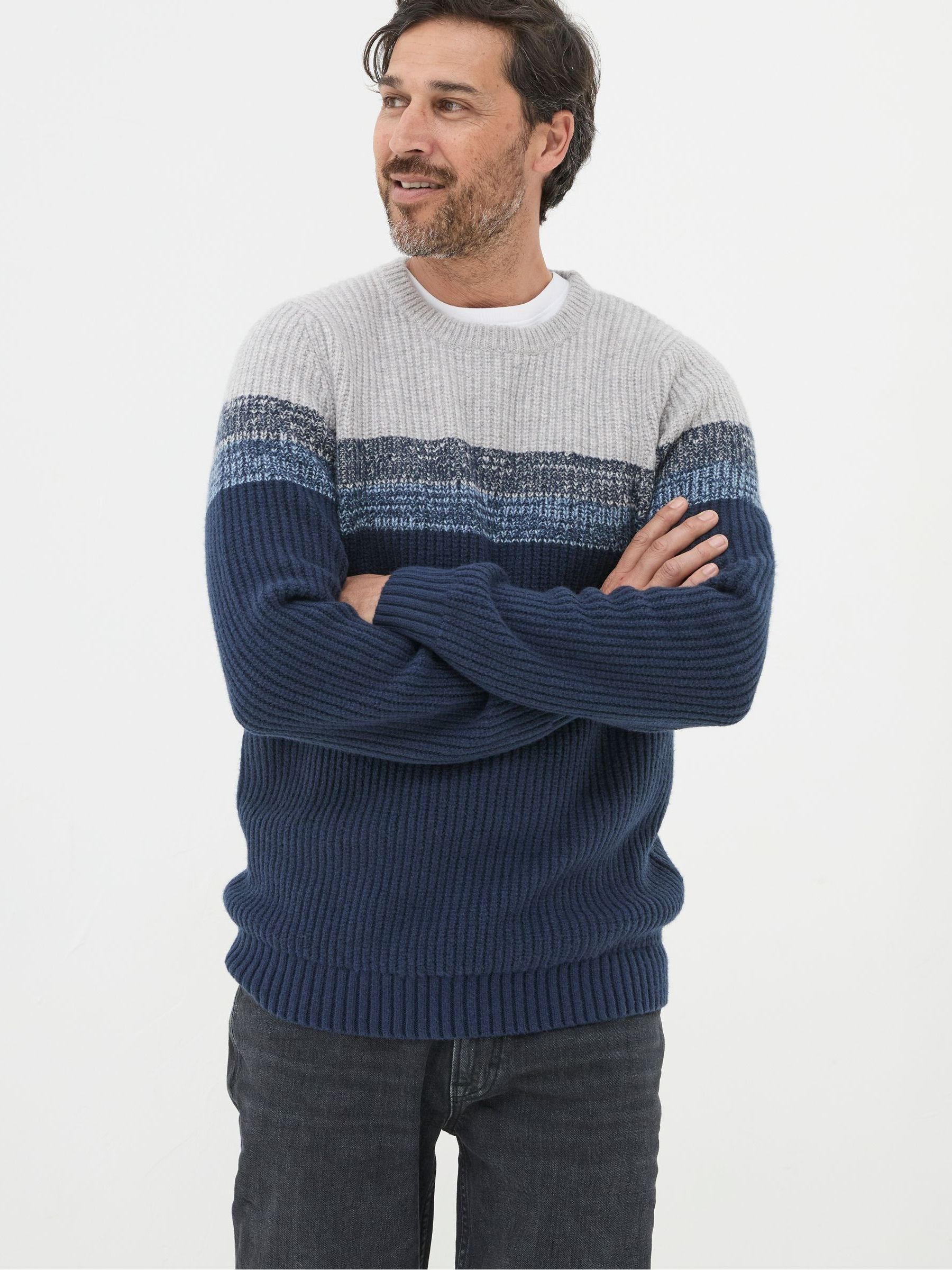 Hinton Navy Chest Stripe Crew Neck Jumper FatFace Ireland