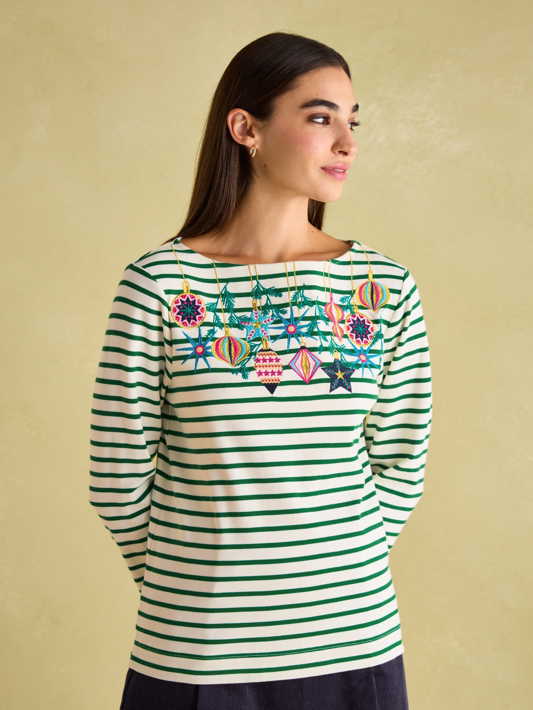 Festive Harbour Green/White Bauble Boat Neck Breton Top - Image 1 of 6