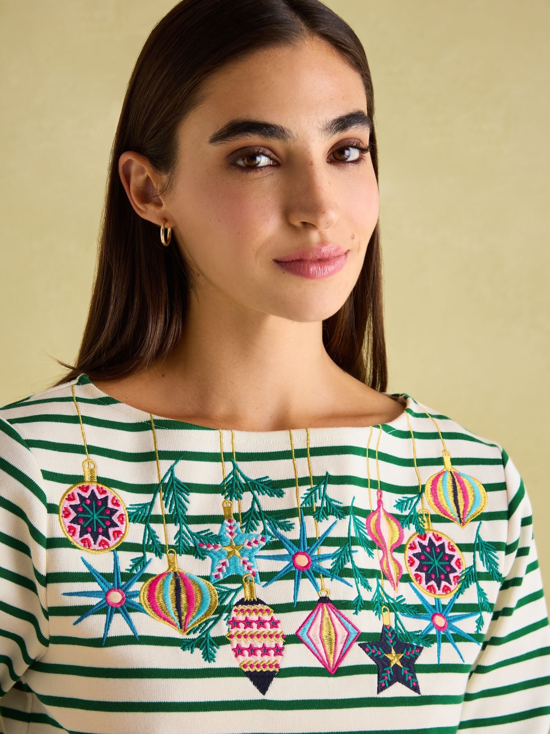 Festive Harbour Green/White Bauble Boat Neck Breton Top - Image 3 of 6