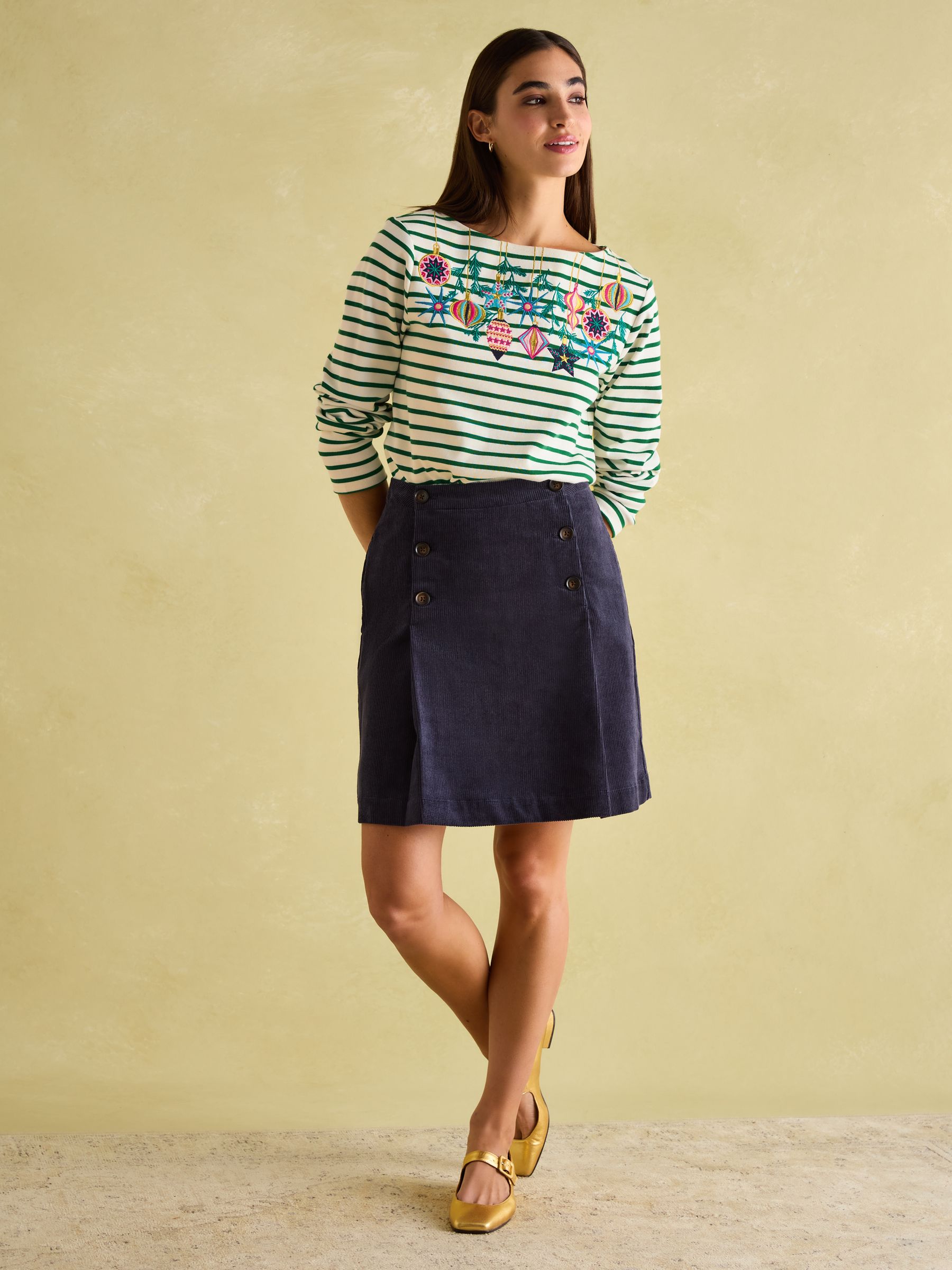 Festive Harbour Green/White Bauble Boat Neck Breton Top - Image 4 of 6
