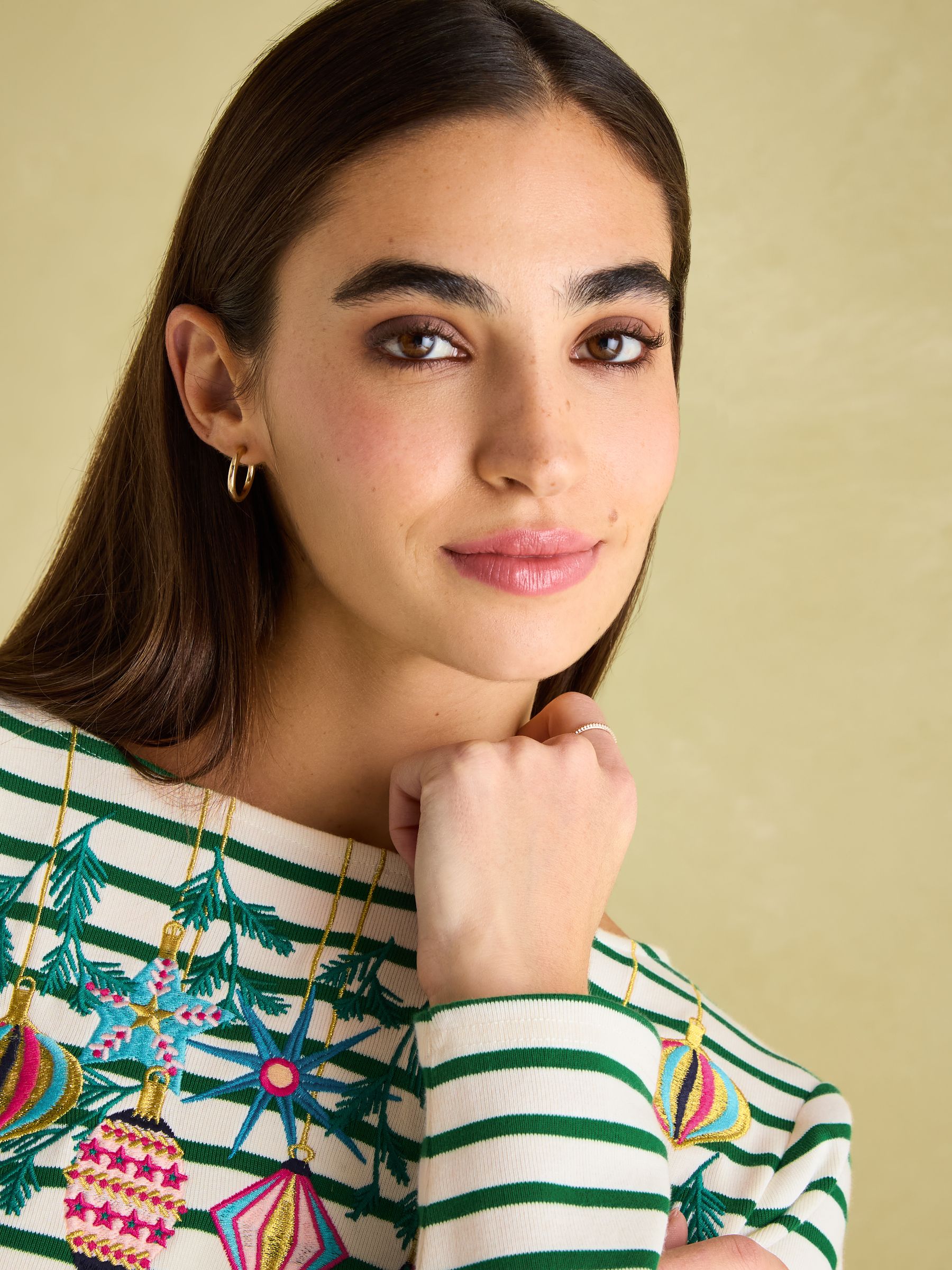 Festive Harbour Green/White Bauble Boat Neck Breton Top - Image 5 of 6