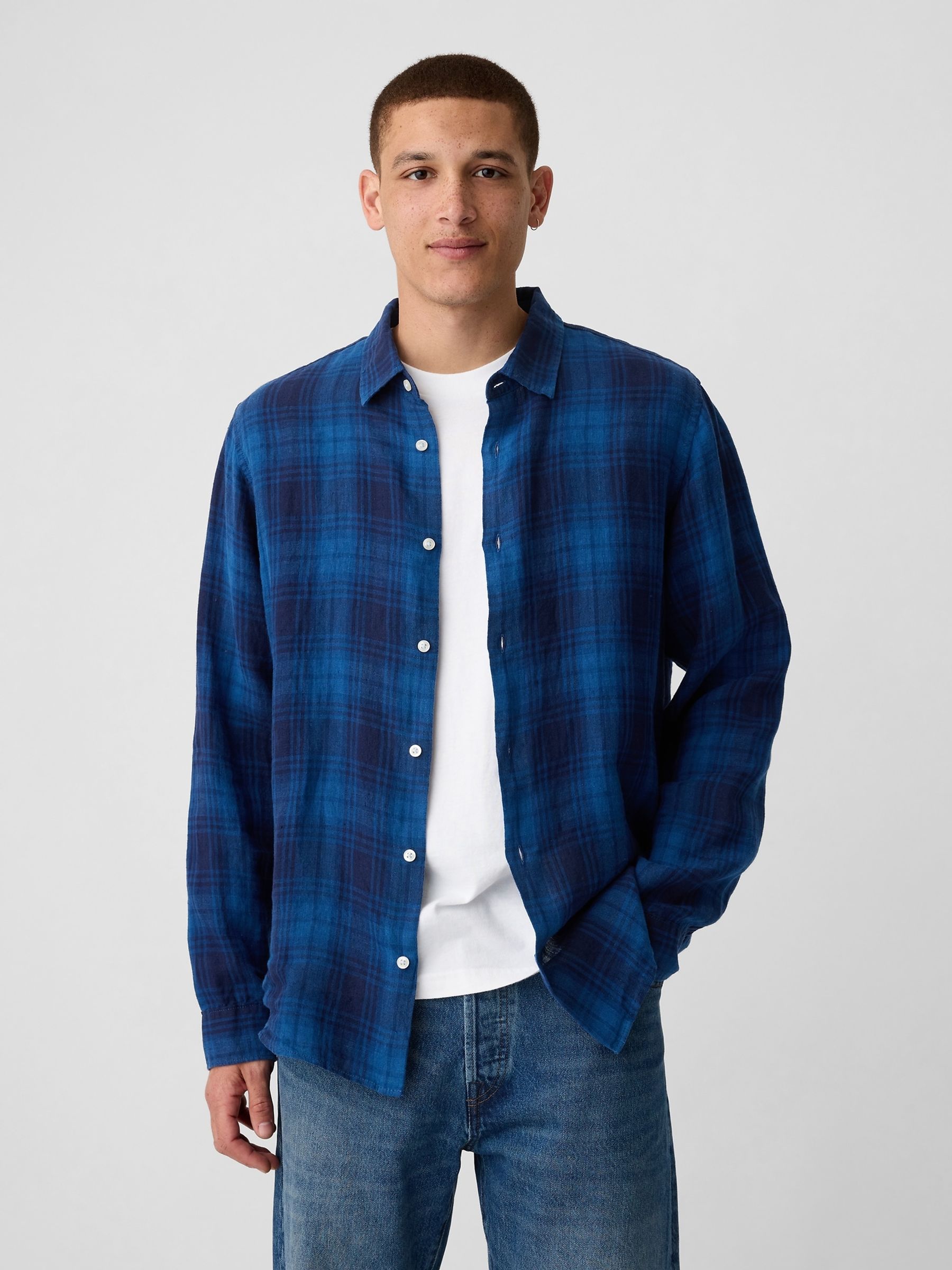 Blue Check 100% Linen Long Sleeve Shirt - Image 1 of 5