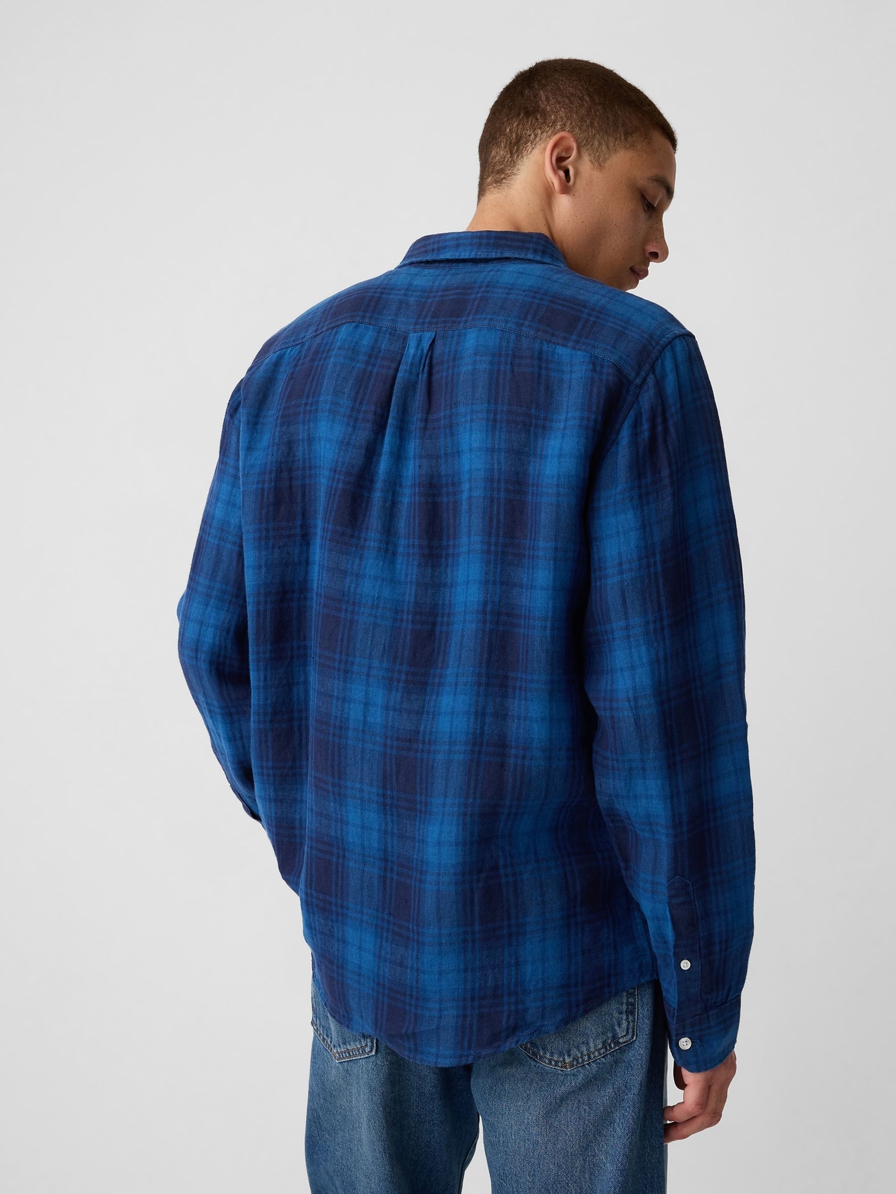 Blue Check 100% Linen Long Sleeve Shirt - Image 2 of 5