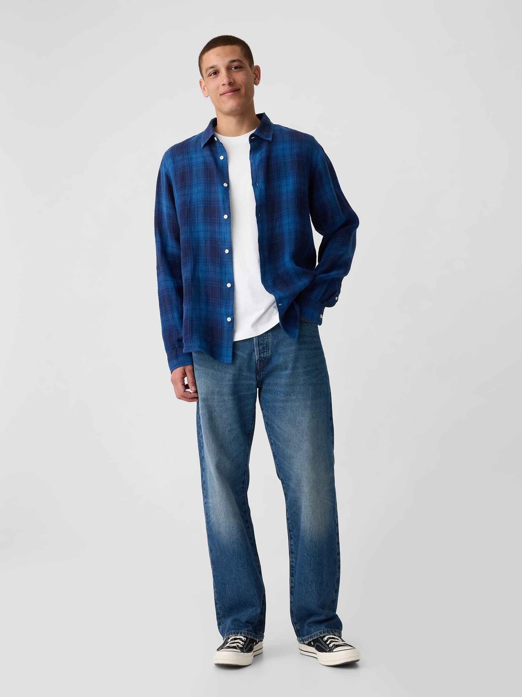 Blue Check 100% Linen Long Sleeve Shirt - Image 3 of 5