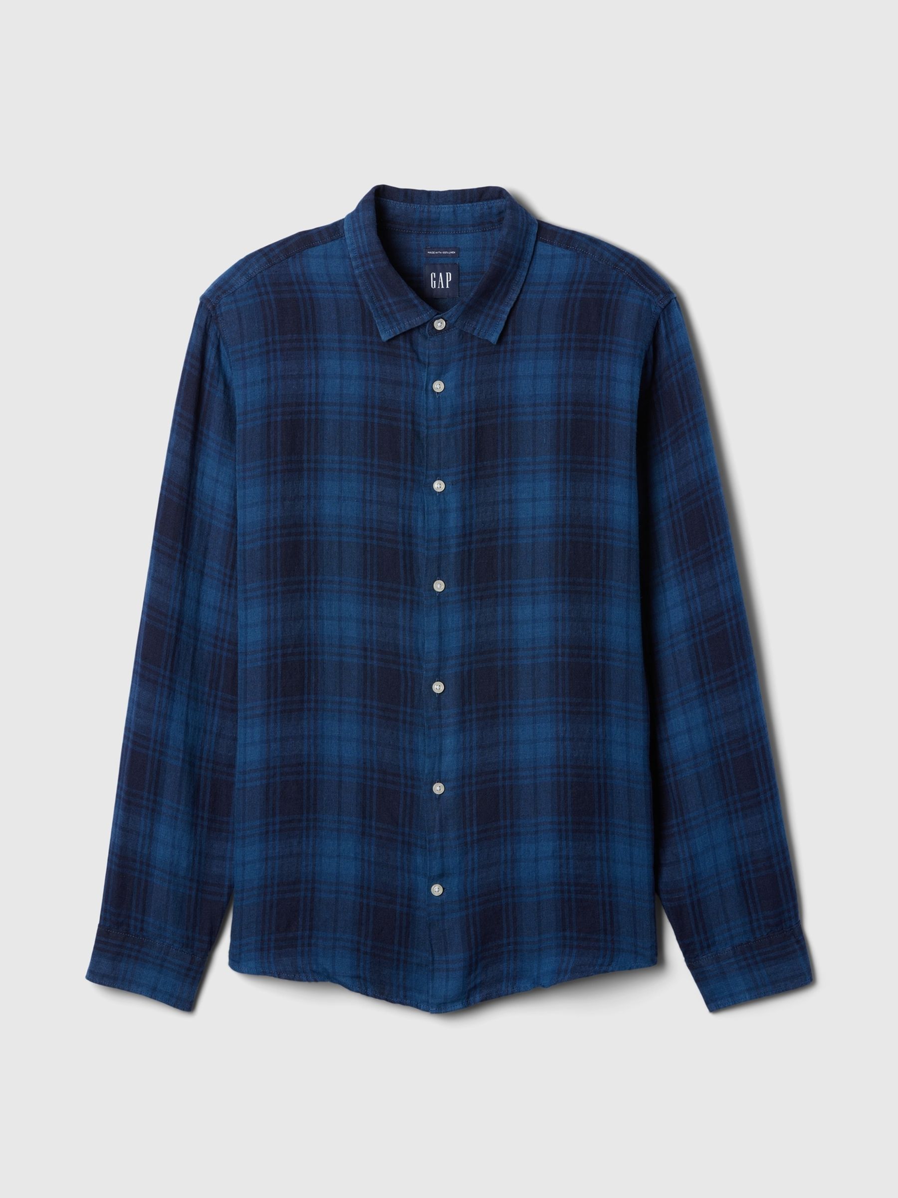 Blue Check 100% Linen Long Sleeve Shirt - Image 4 of 5