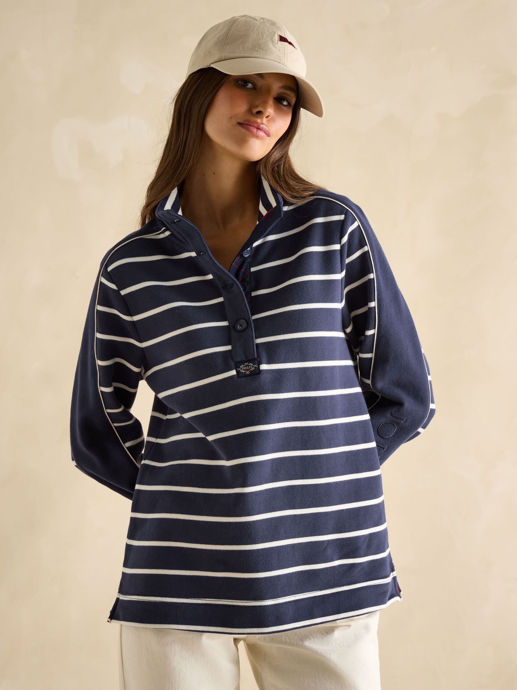 Southwold Navy Blue & Cream Cotton Button Down Striped Sweatshirt - Image 1 of 8