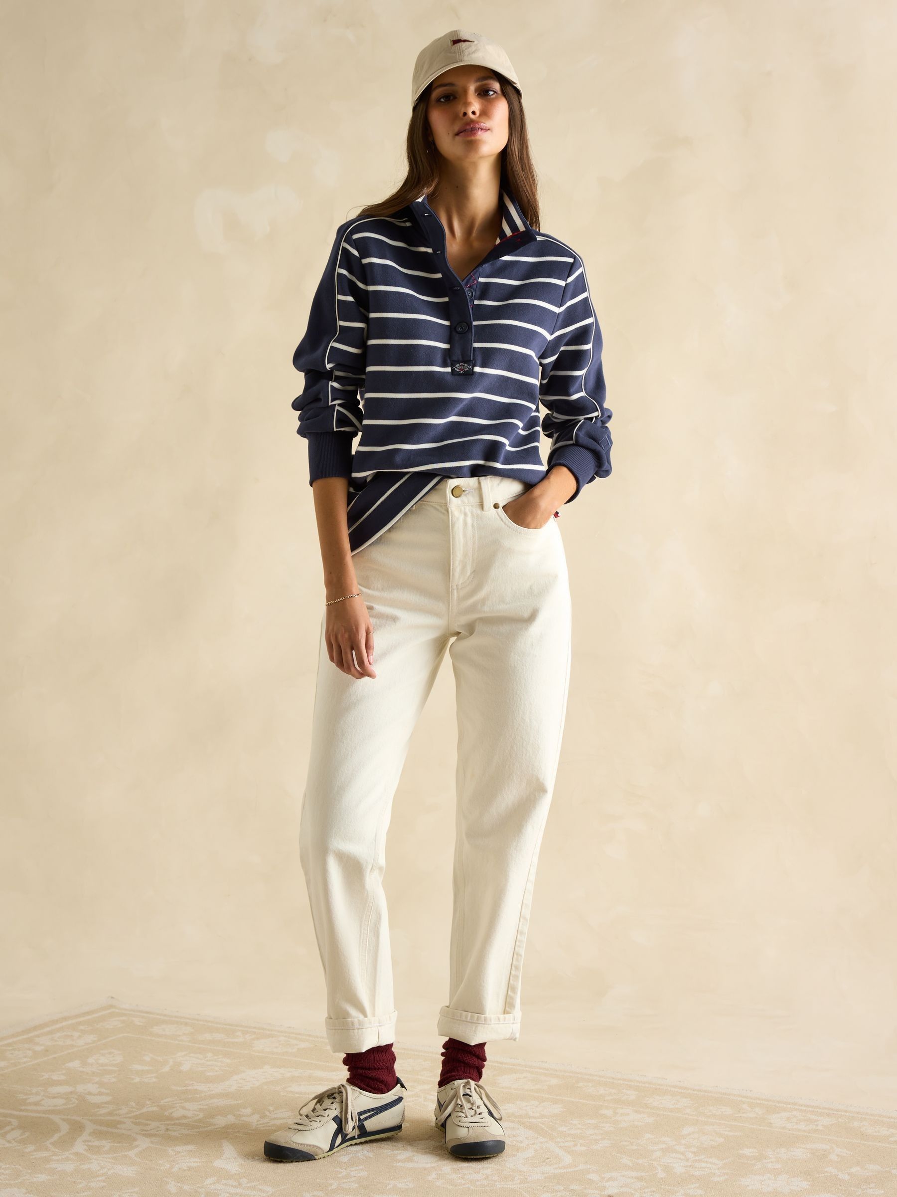 Southwold Navy Blue & Cream Cotton Button Down Striped Sweatshirt - Image 3 of 8