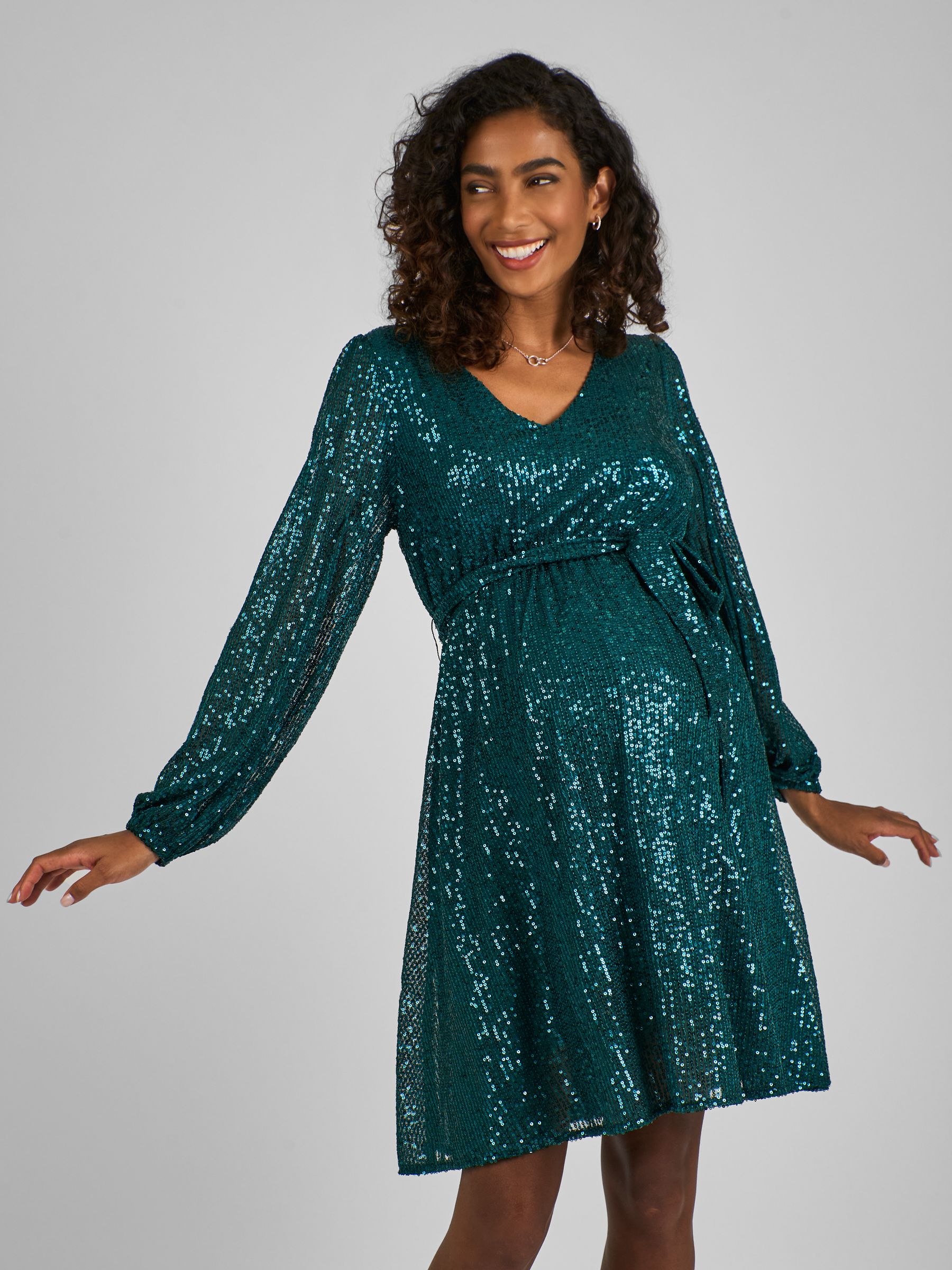 Green Sequin V-Neck Maternity Mini Dress - Image 3 of 5