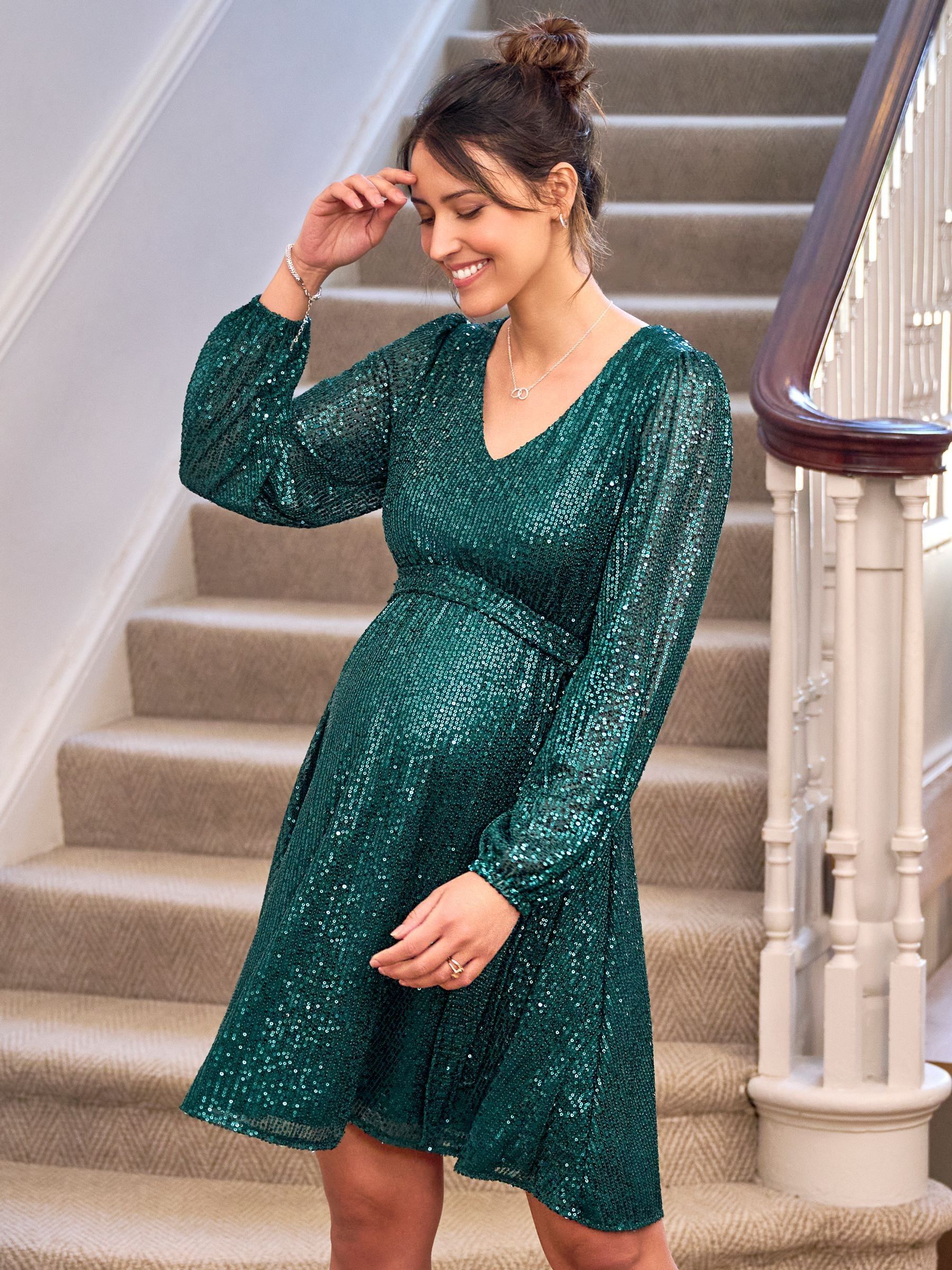 Green Sequin V-Neck Maternity Mini Dress | JoJo Maman Bb Green Sequin V-Neck Maternity Mini Dress | JoJo Maman Bb