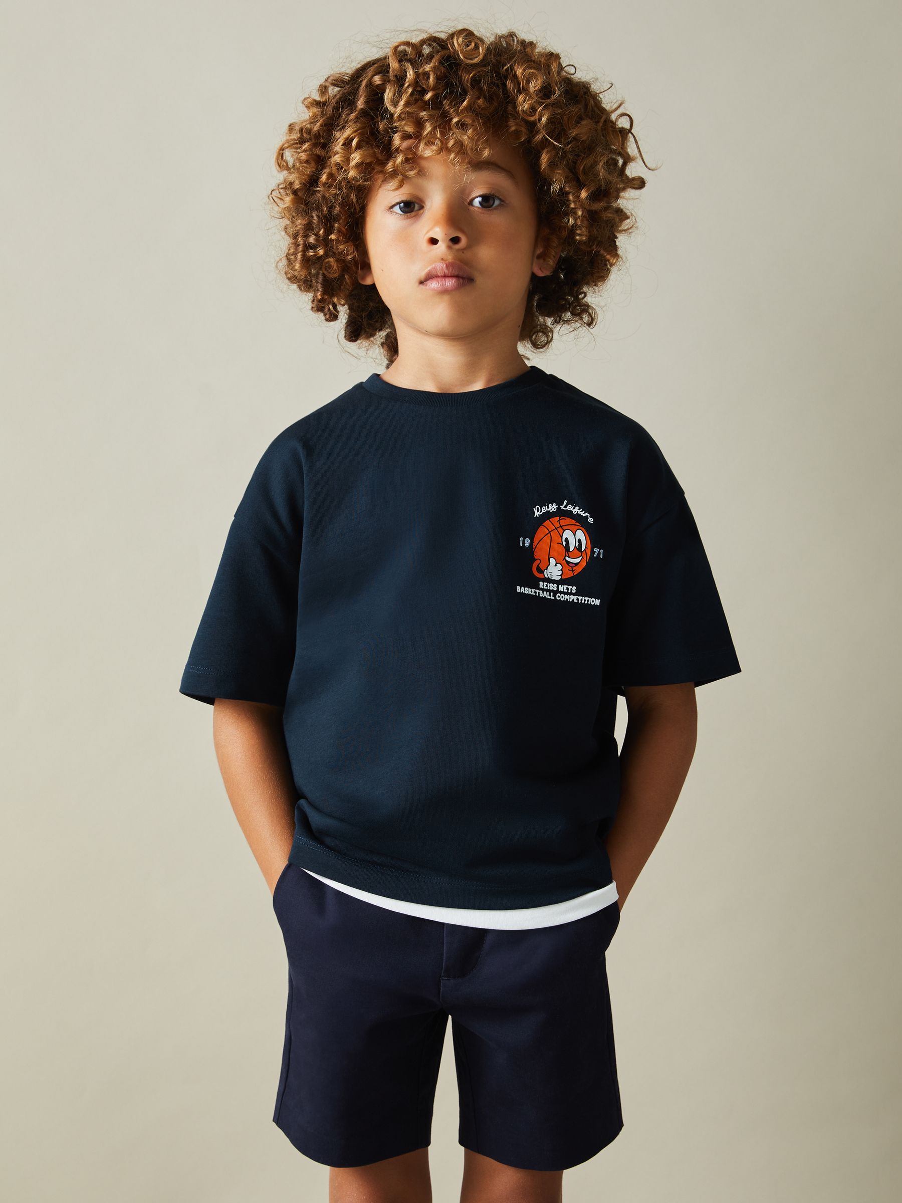 9-13 yrs Oversized Cotton Basketball Motif Crew Neck T-Shirt in Washed Navy - Image 1 of 5