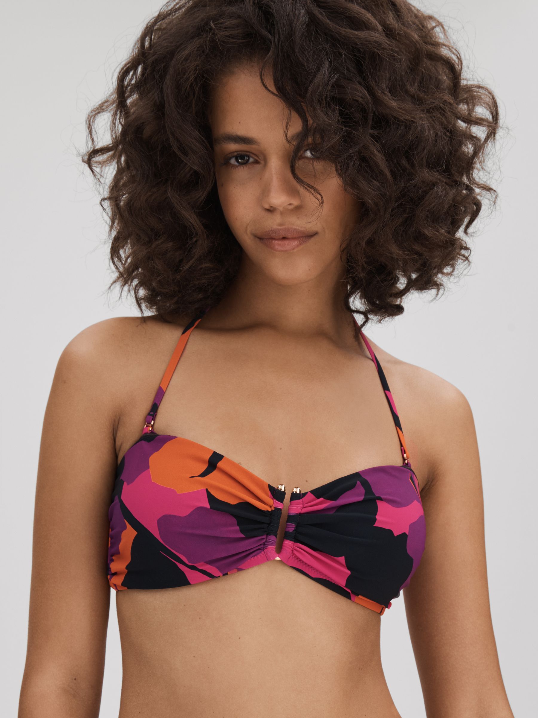 Florere Printed Bandeau Bikini Top in Pink/Orange - Image 1 of 5