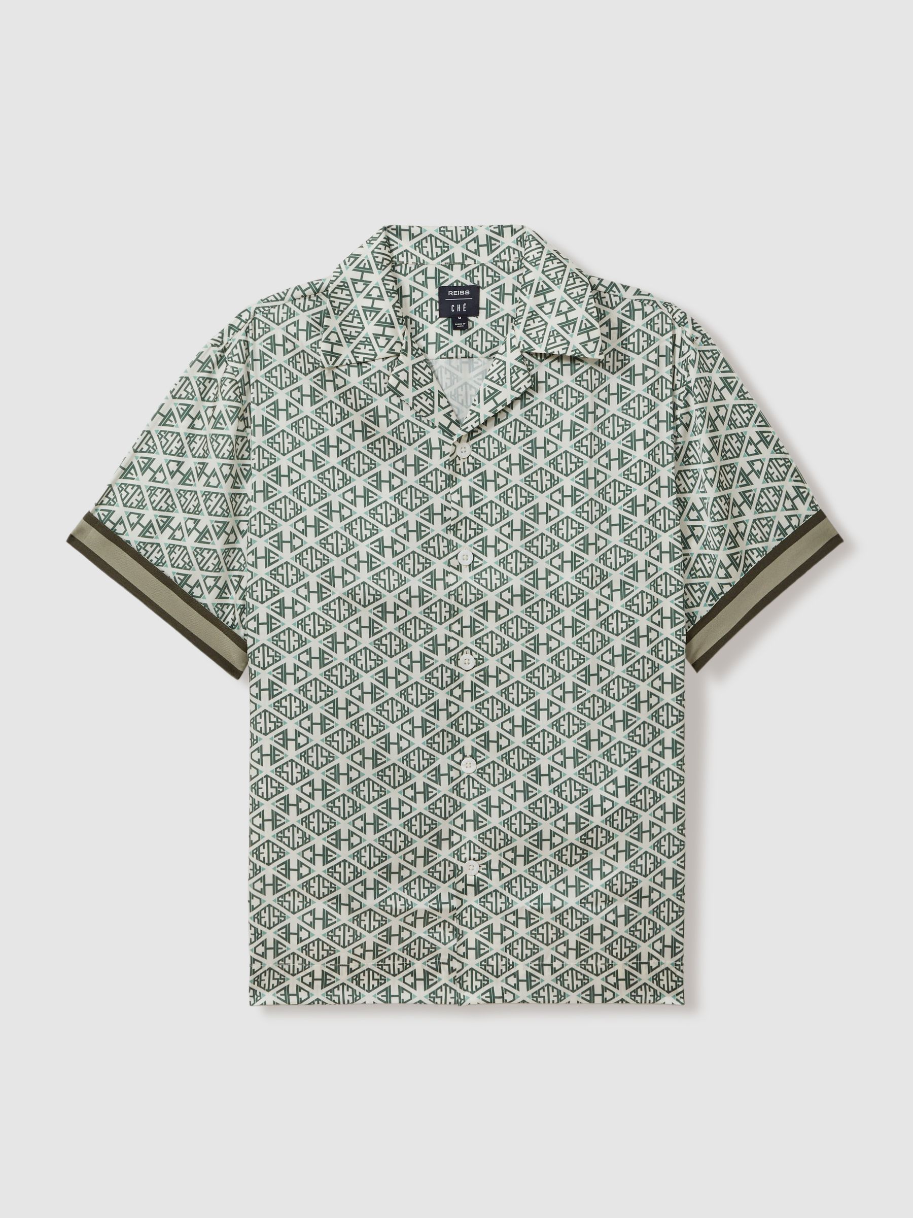 Reiss | Ché Monogram Print Cuff Detail Cuban Collar Shirt in Ivory/Sage - Image 2 of 6