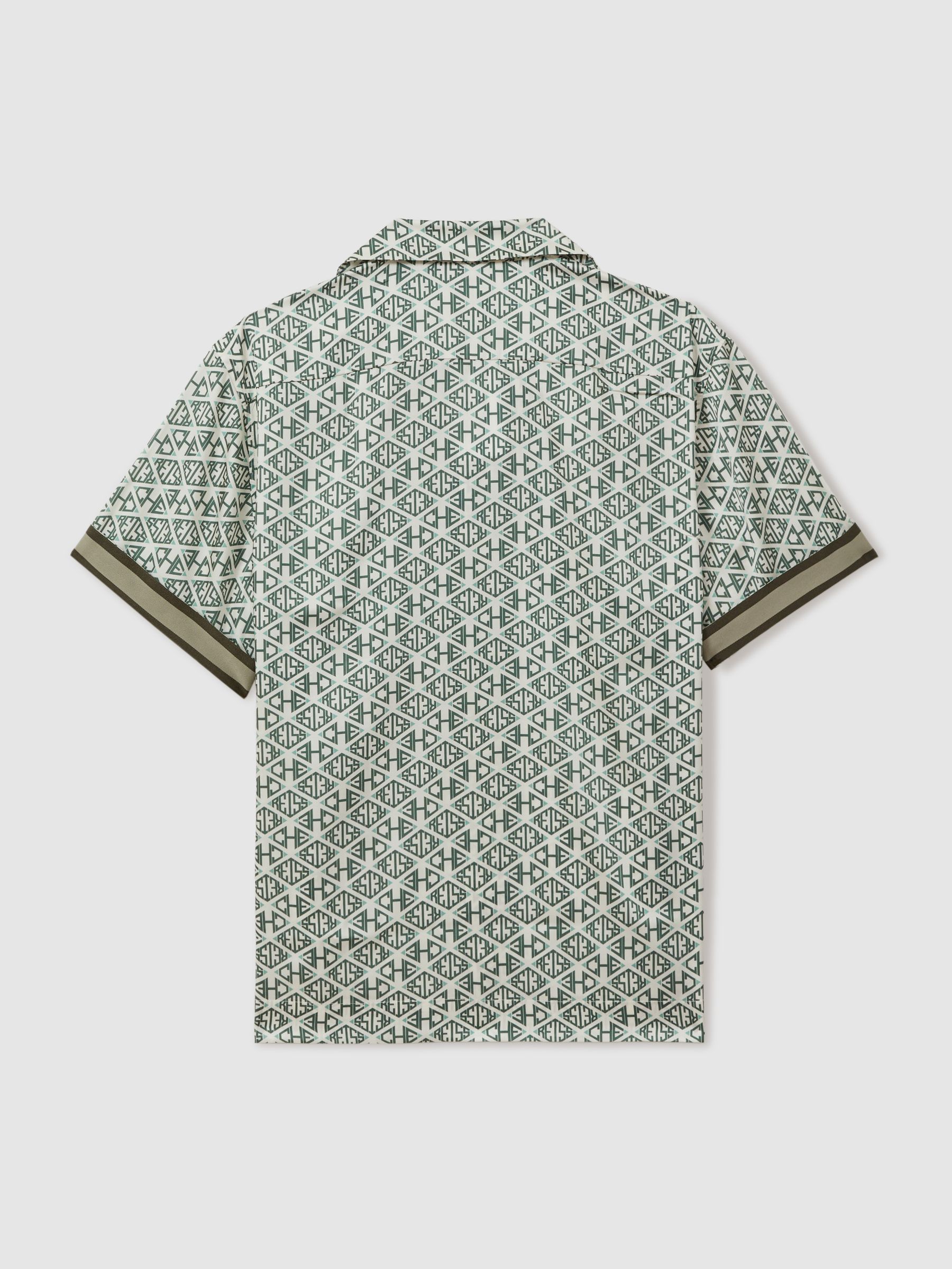 Reiss | Ché Monogram Print Cuff Detail Cuban Collar Shirt in Ivory/Sage - Image 4 of 6