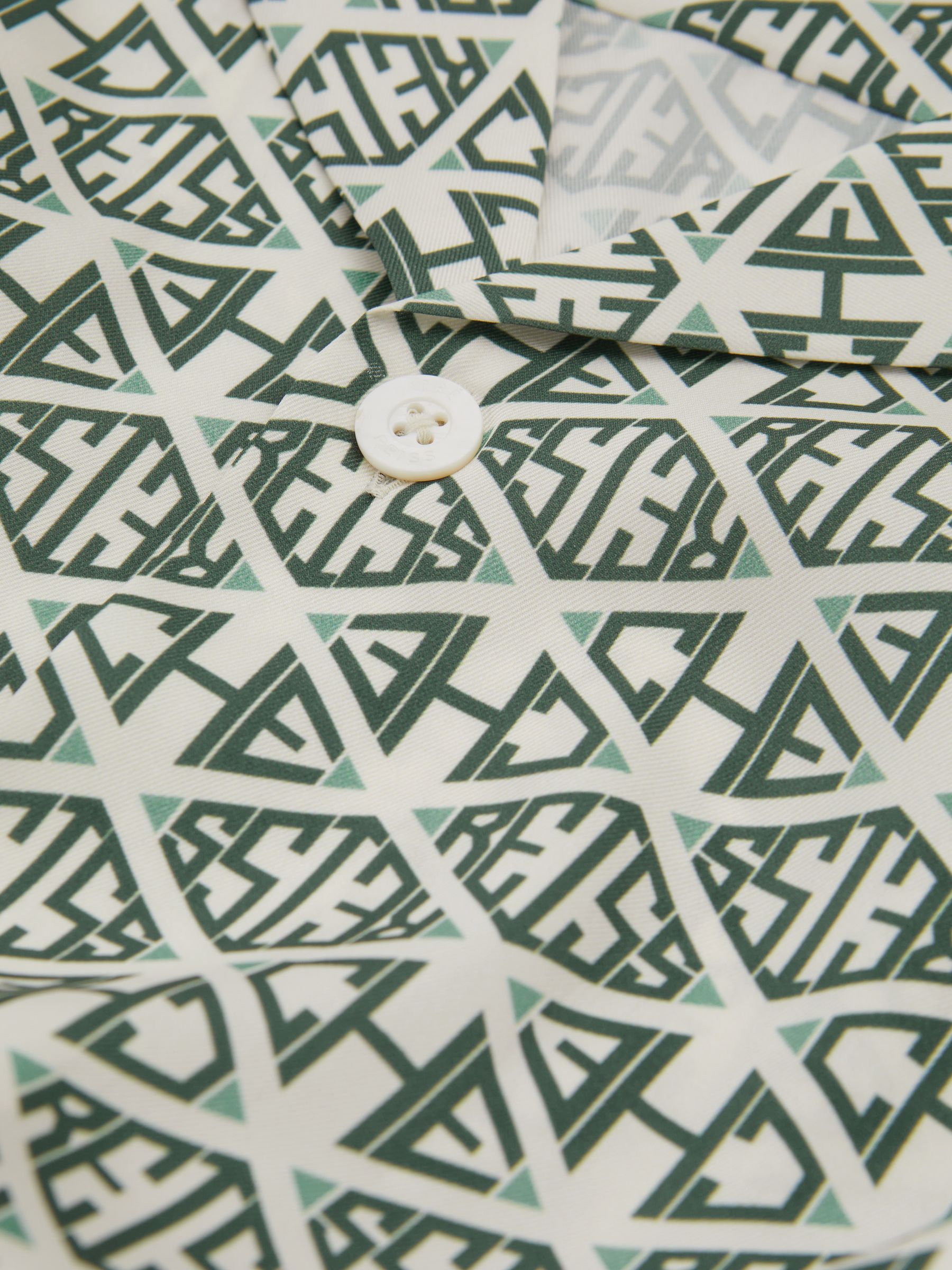 Reiss | Ché Monogram Print Cuff Detail Cuban Collar Shirt in Ivory/Sage - Image 6 of 6