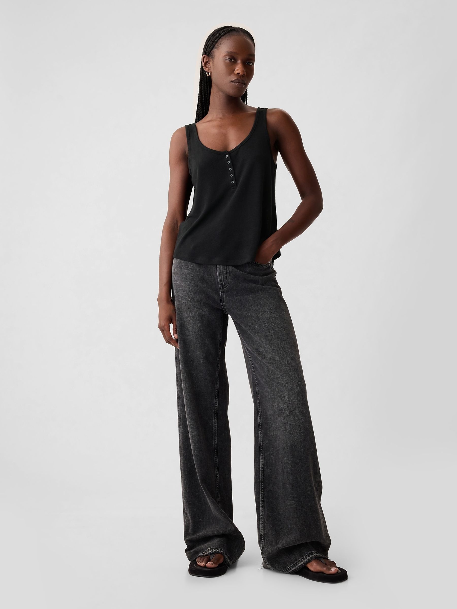 Black Linen Blend Sleeveless Henley Vest Top - Image 3 of 4
