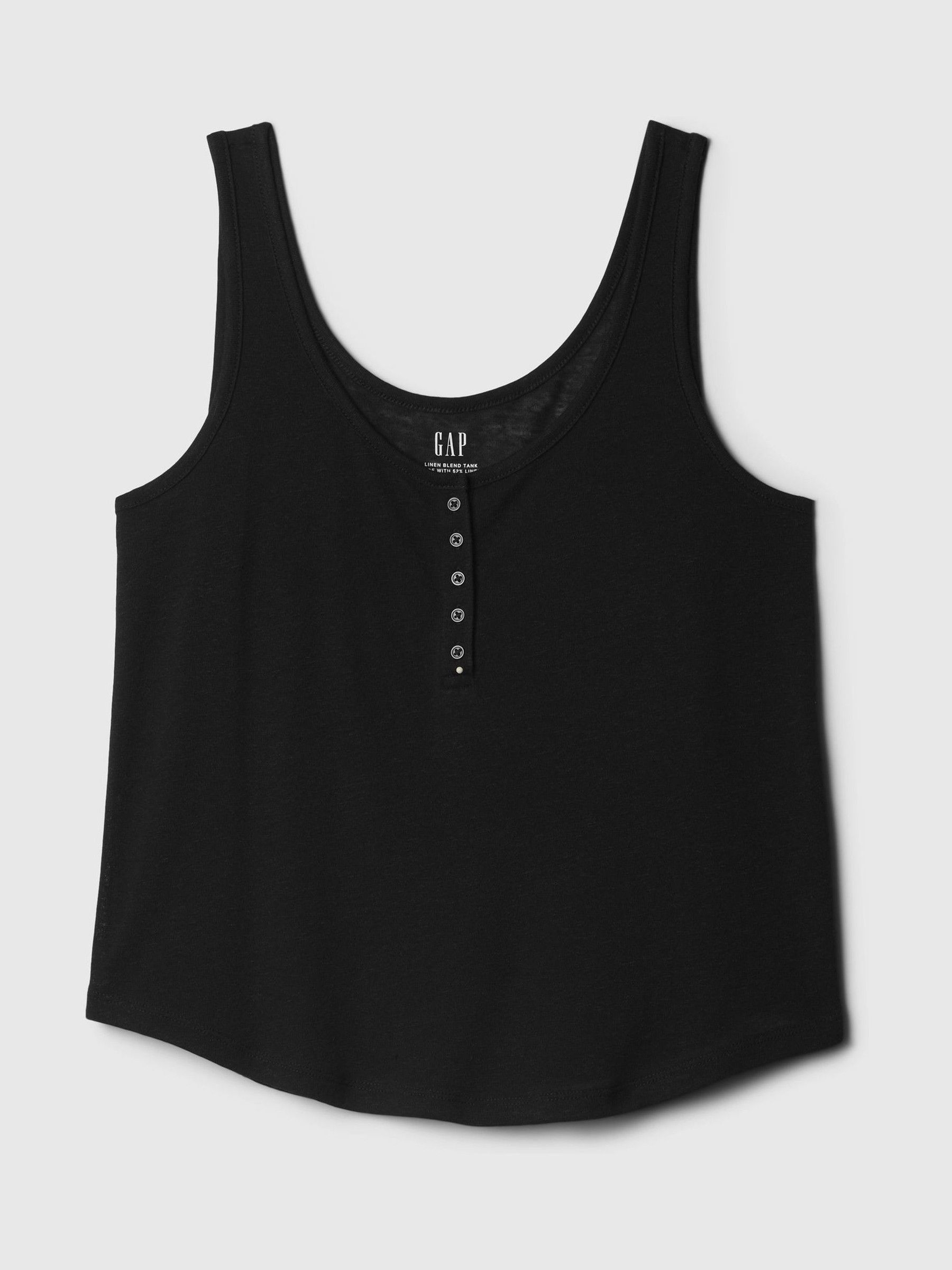 Black Linen Blend Sleeveless Henley Vest Top - Image 4 of 4