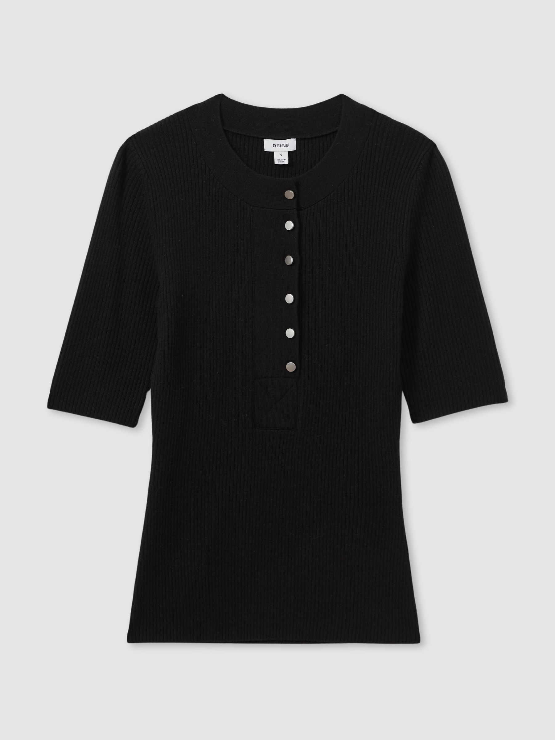 Wool Blend Button Detail Top in Black - Image 2 of 6
