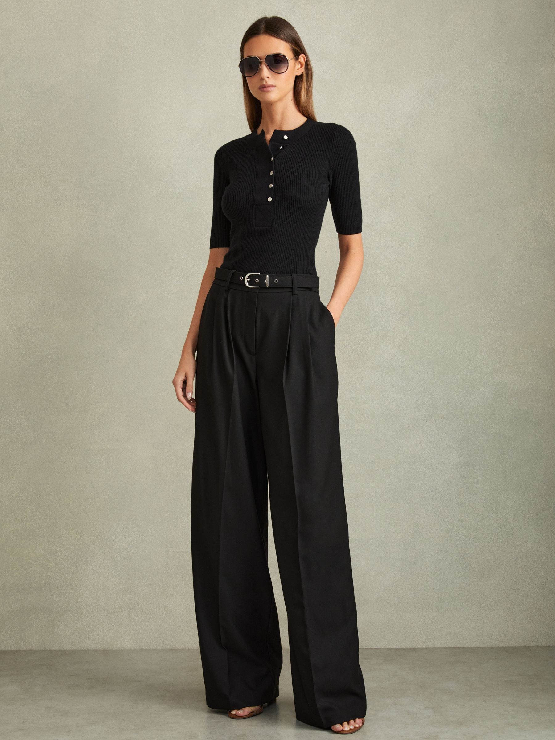 Wool Blend Button Detail Top in Black - Image 3 of 6