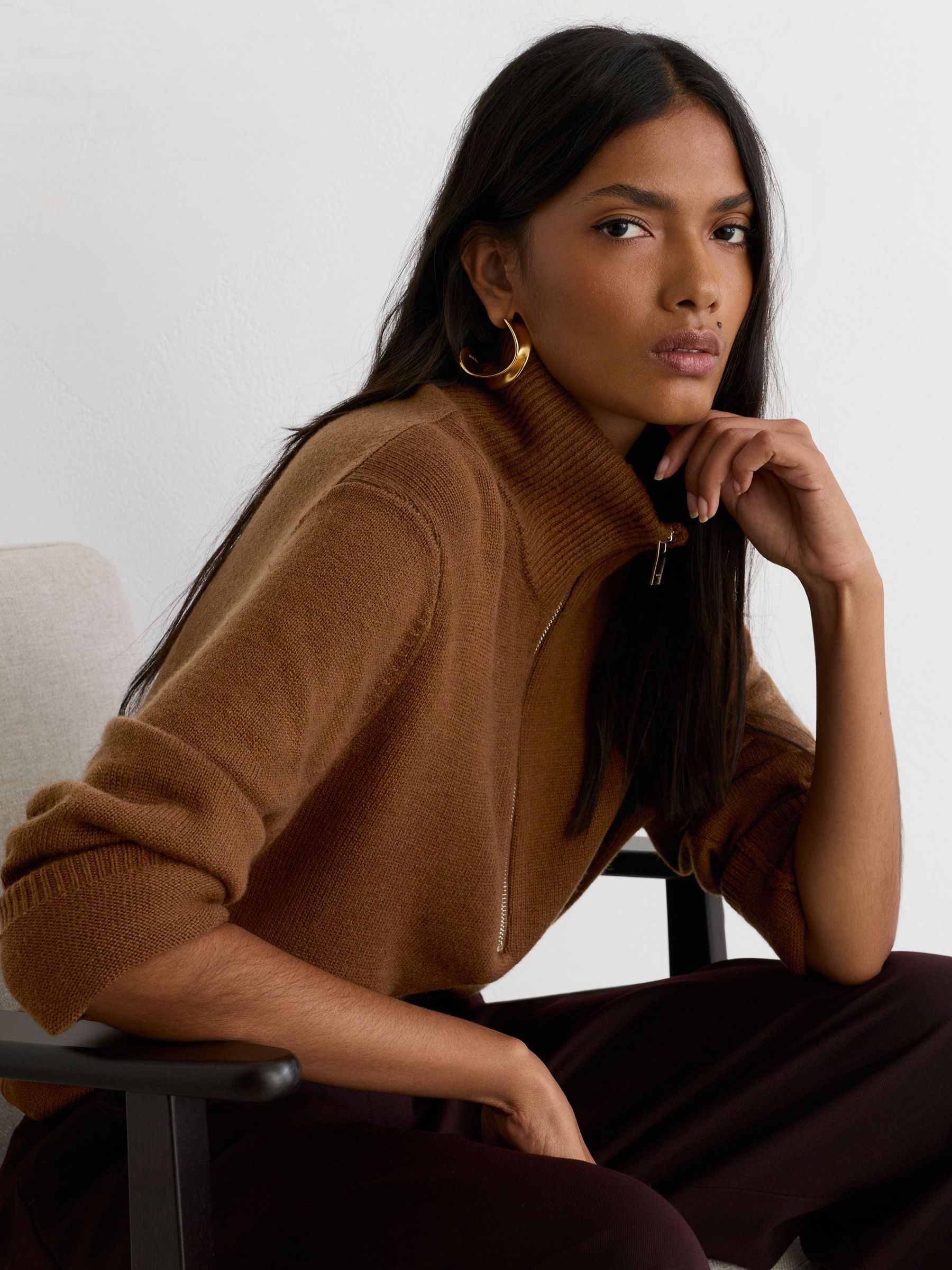 Wool-Cashmere Half-Zip Jumper in Tan Brown by Reiss