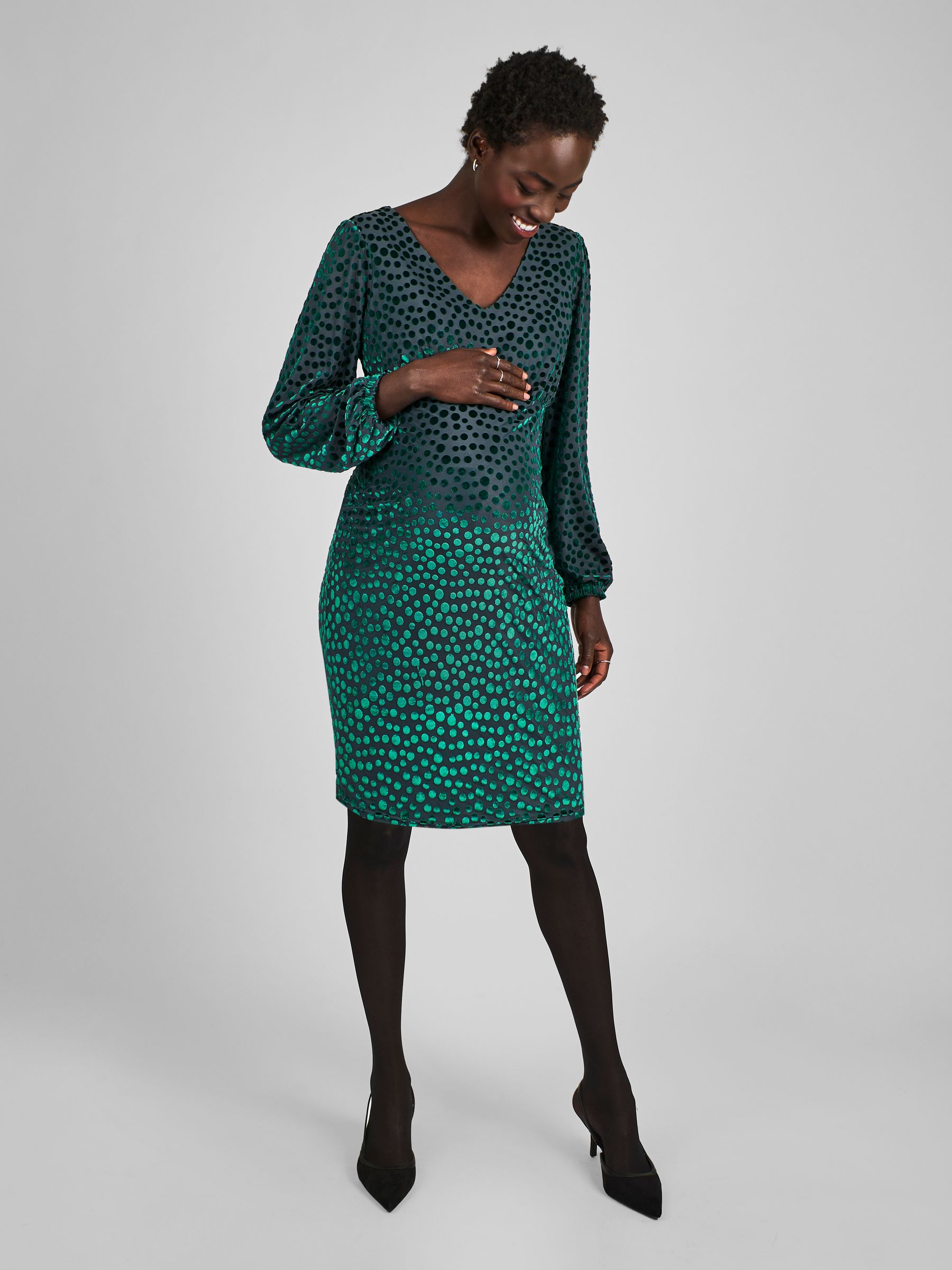 green devore dress Teal Green Devore Spot V-Neck Maternity Mini Dress