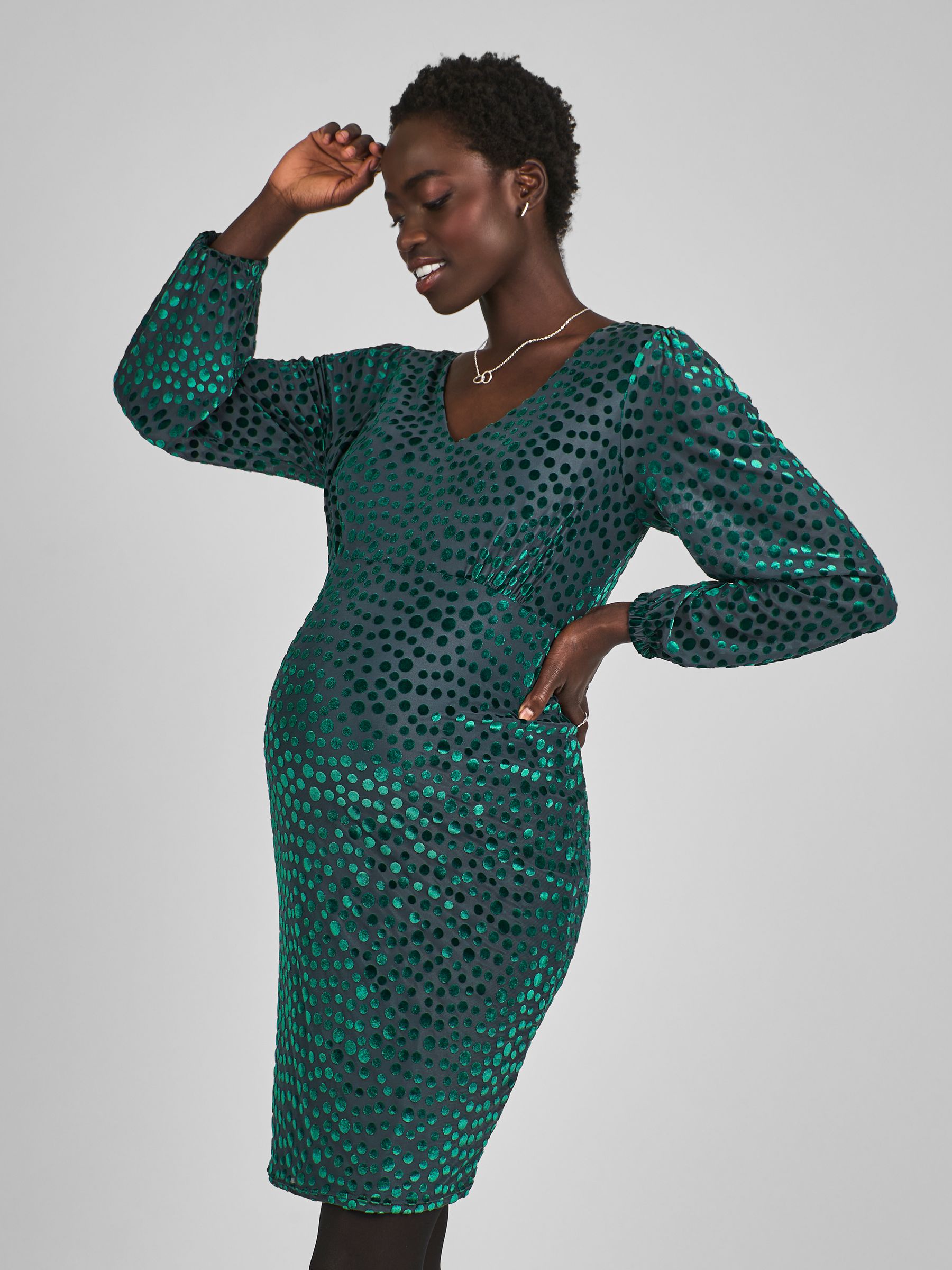 green devore dress Teal Green Devore Spot V-Neck Maternity Mini Dress