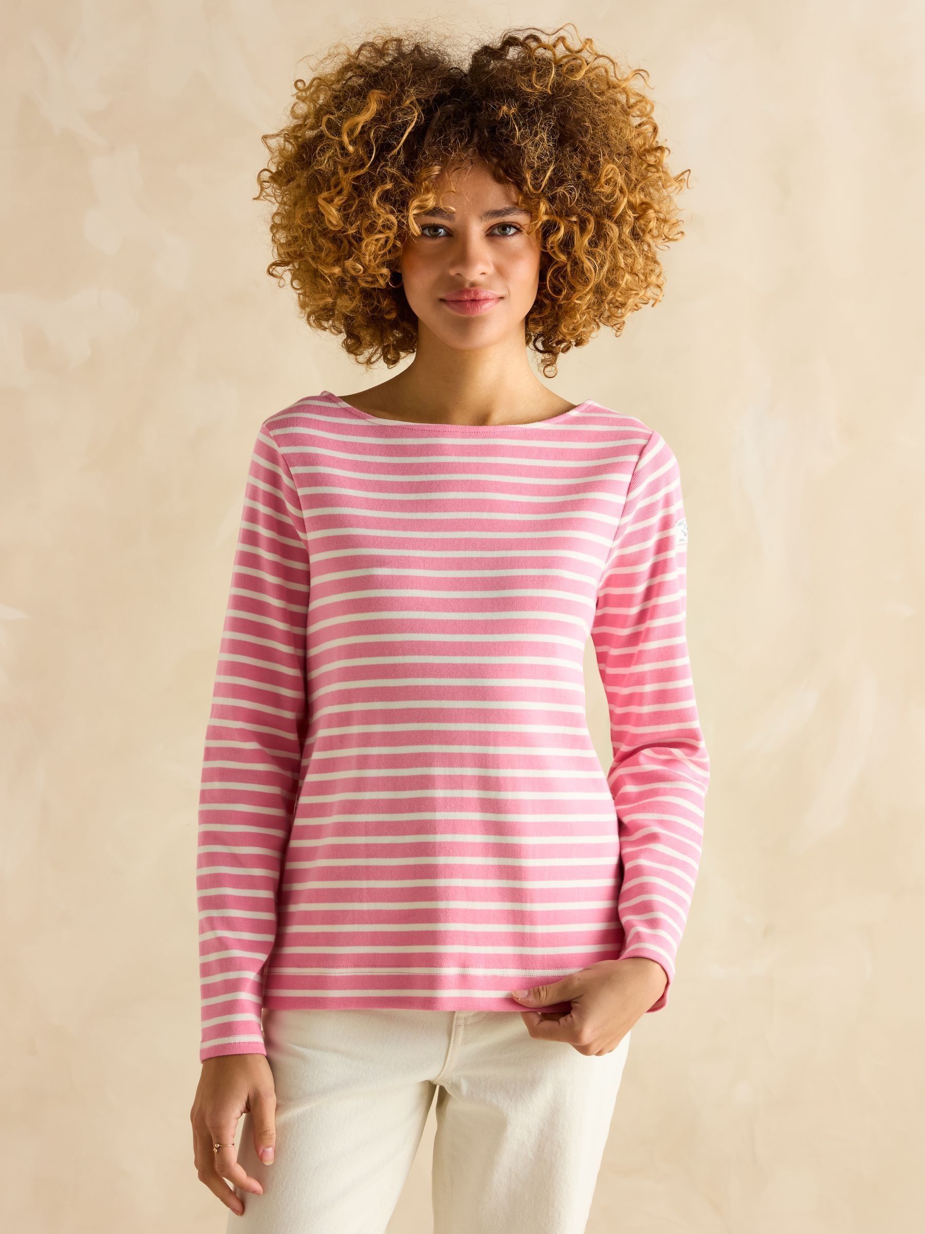 Harbour Pink/White Boat Neck 100% Cotton Breton Top - Image 1 of 7