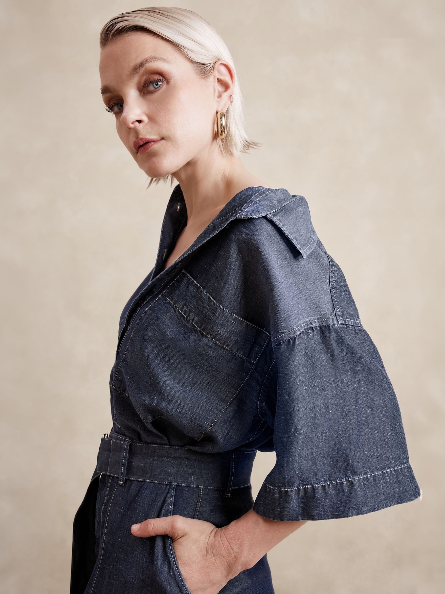 Banana Republic Blue Oversized Tencel-Linen Popover Shirt - Image 1 of 1