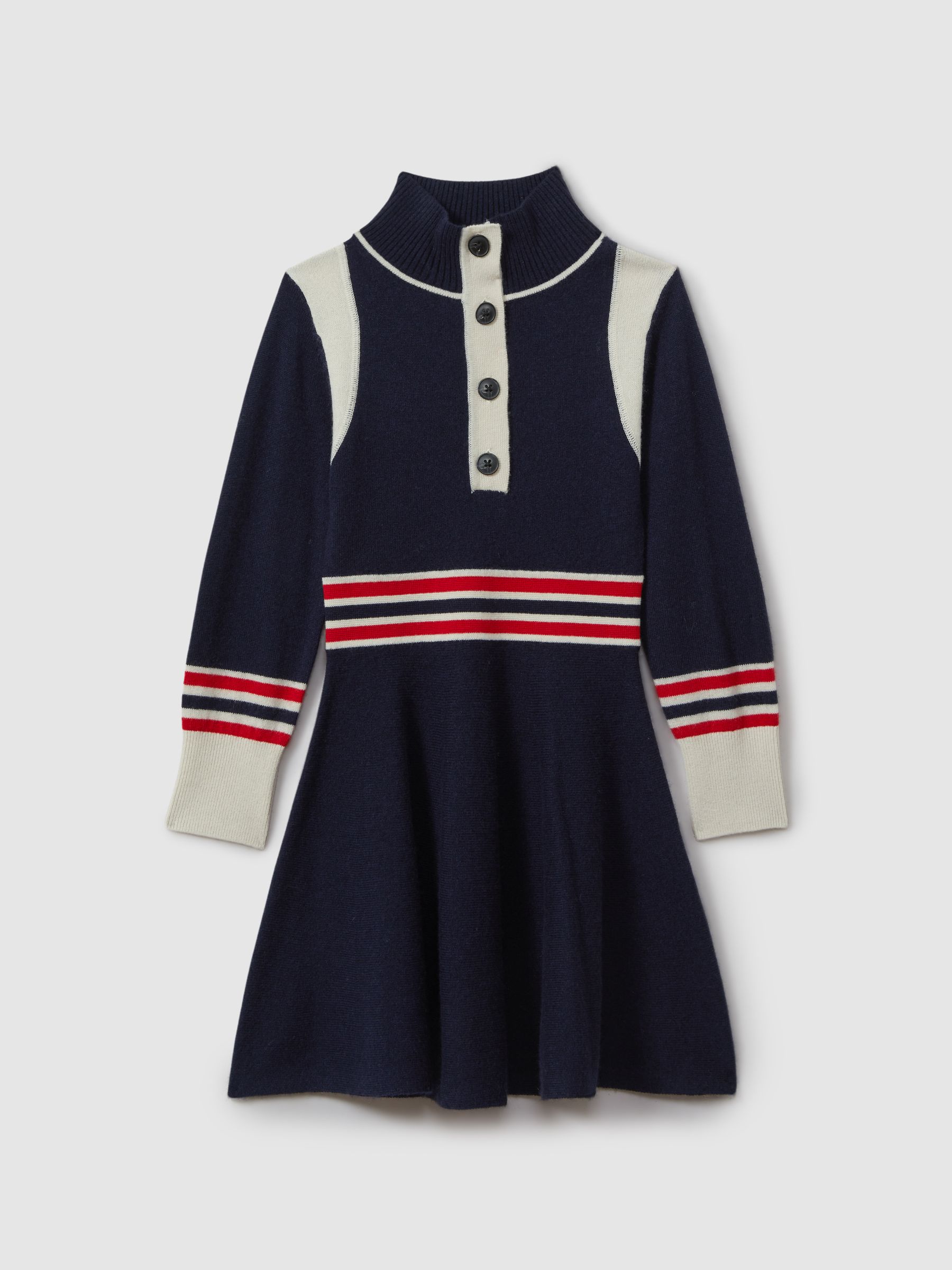 9-13 yrs Knitted Button-Through Funnel Neck Skater Dress in Navy - Image 2 of 4