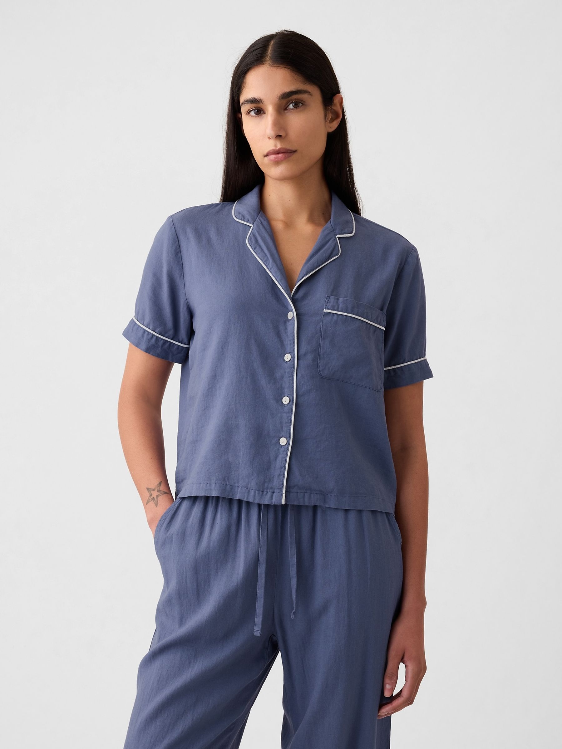 Blue Linen-Blend Pyjama Shirt - Image 1 of 4