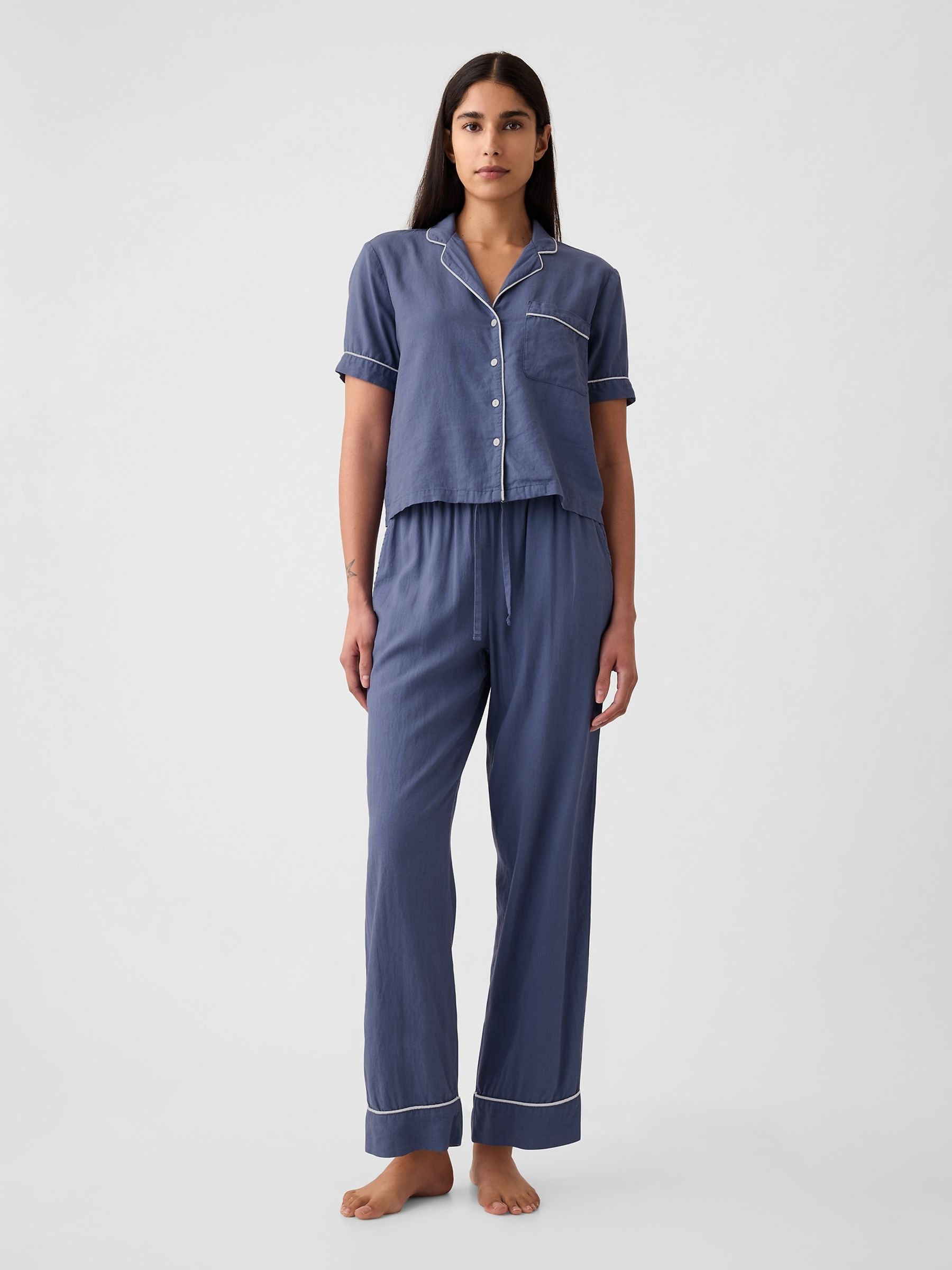 Blue Linen-Blend Pyjama Shirt - Image 3 of 4