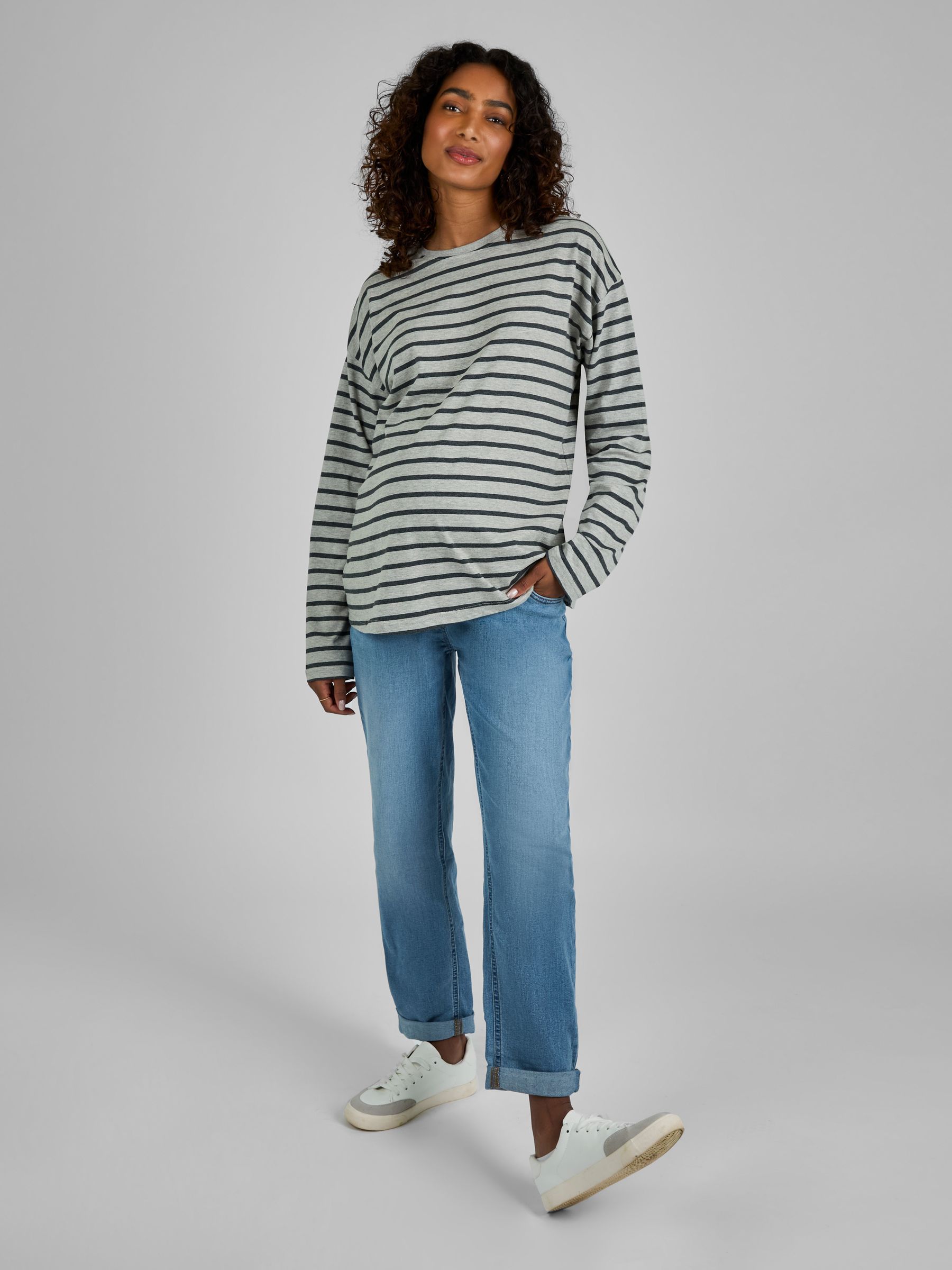 Grey Stripe Long Sleeve Boyfriend Maternity T-Shirt - Image 3 of 4