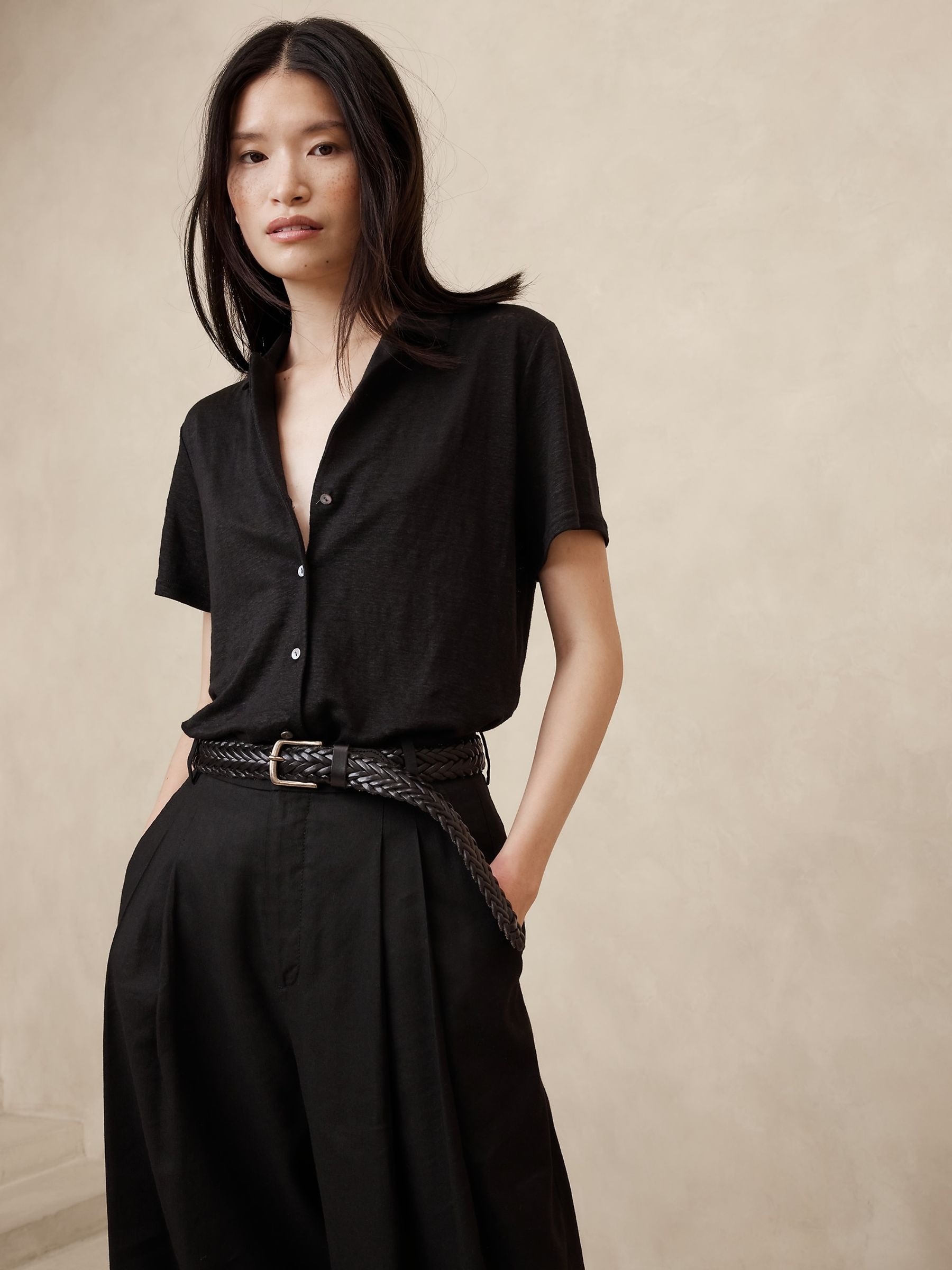 Banana Republic Black Linen Resort Shirt - Image 1 of 1