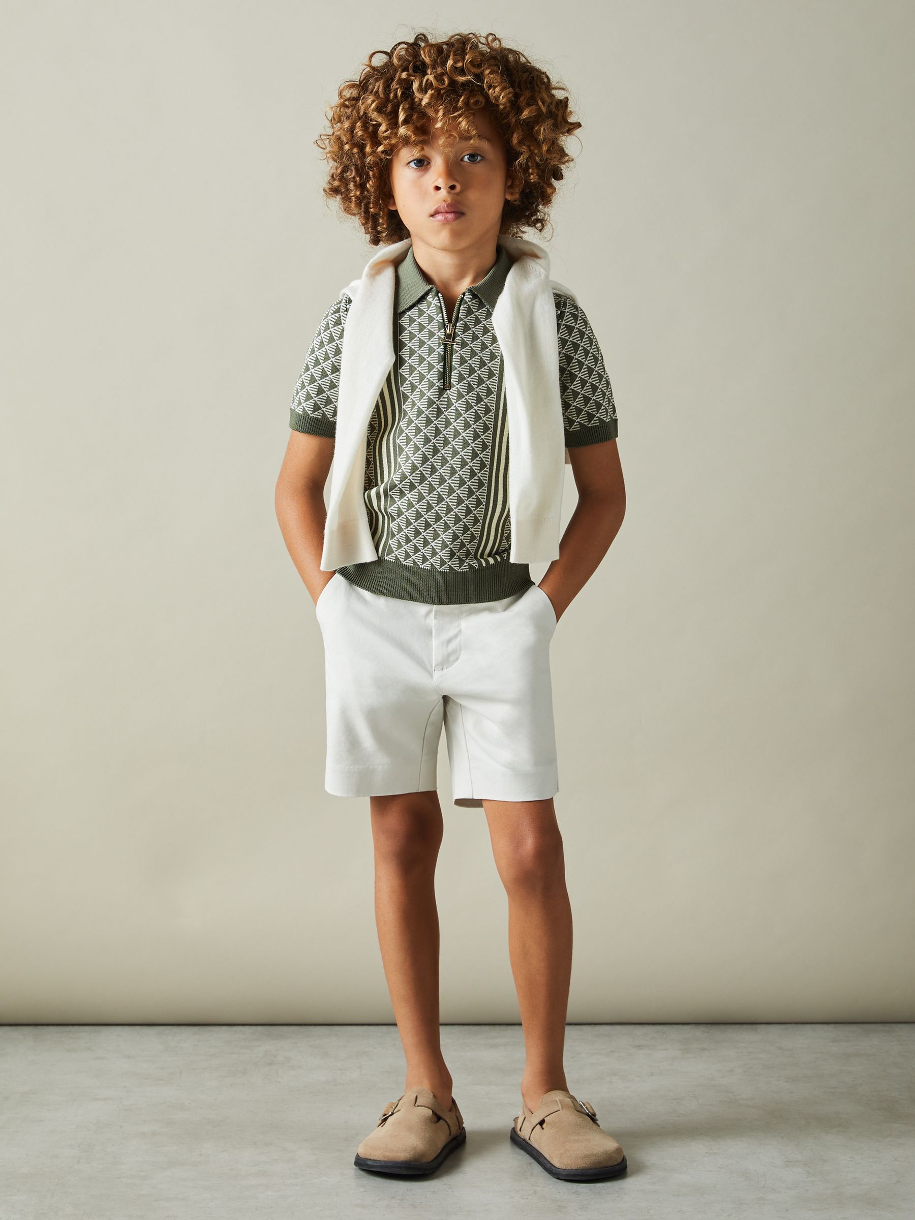 3-9 yrs Diamond Stitch Half-Zip Polo Shirt in Sage/Off White - Image 1 of 4