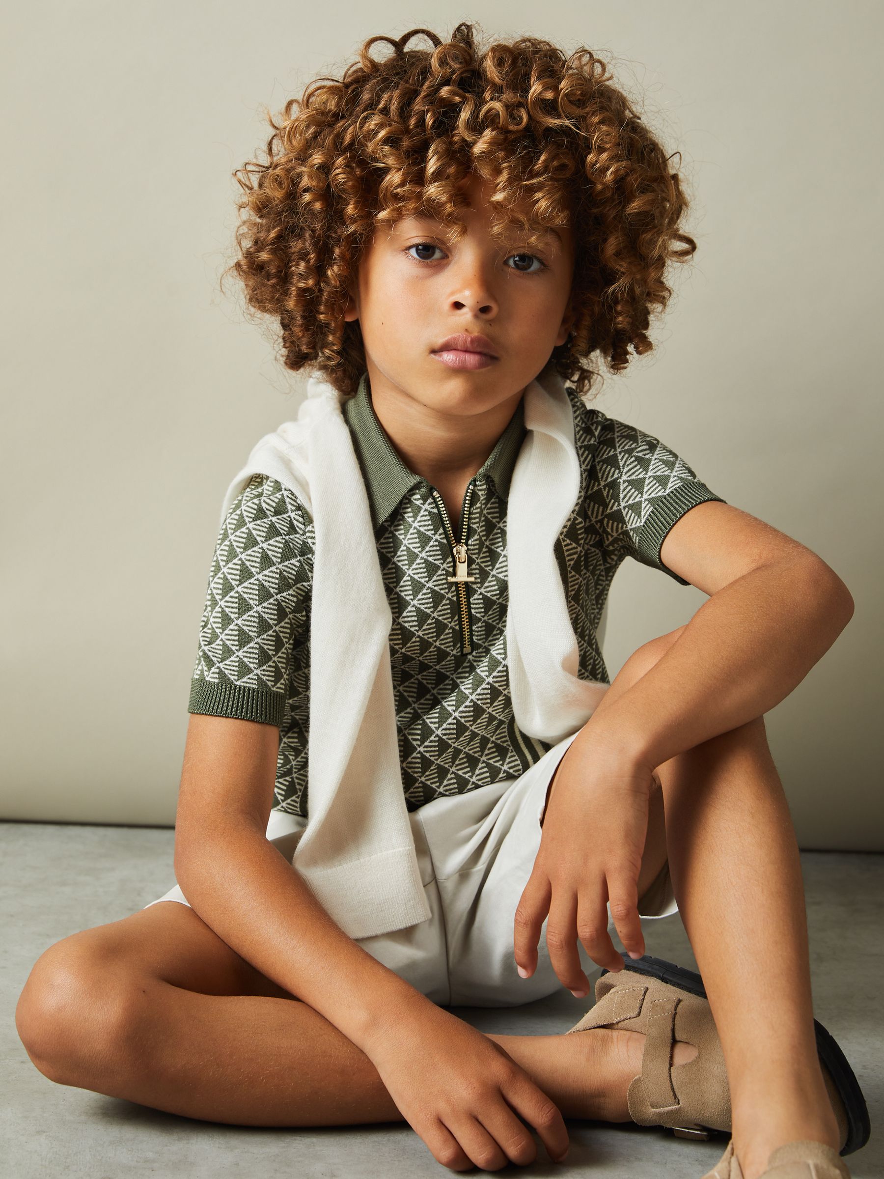 3-9 yrs Diamond Stitch Half-Zip Polo Shirt in Sage/Off White - Image 3 of 4