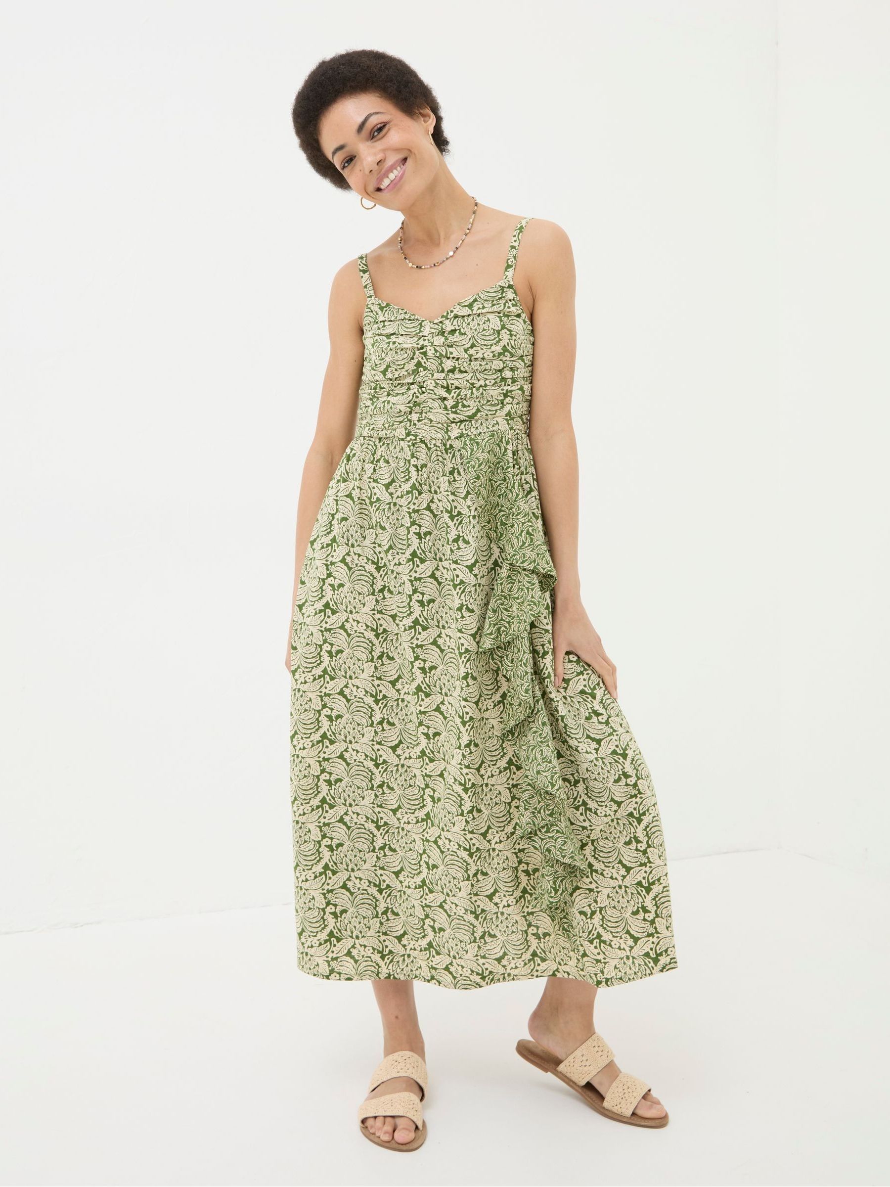 Lucia Green Damask Floral Linen Blend Midi Dress - Image 1 of 6