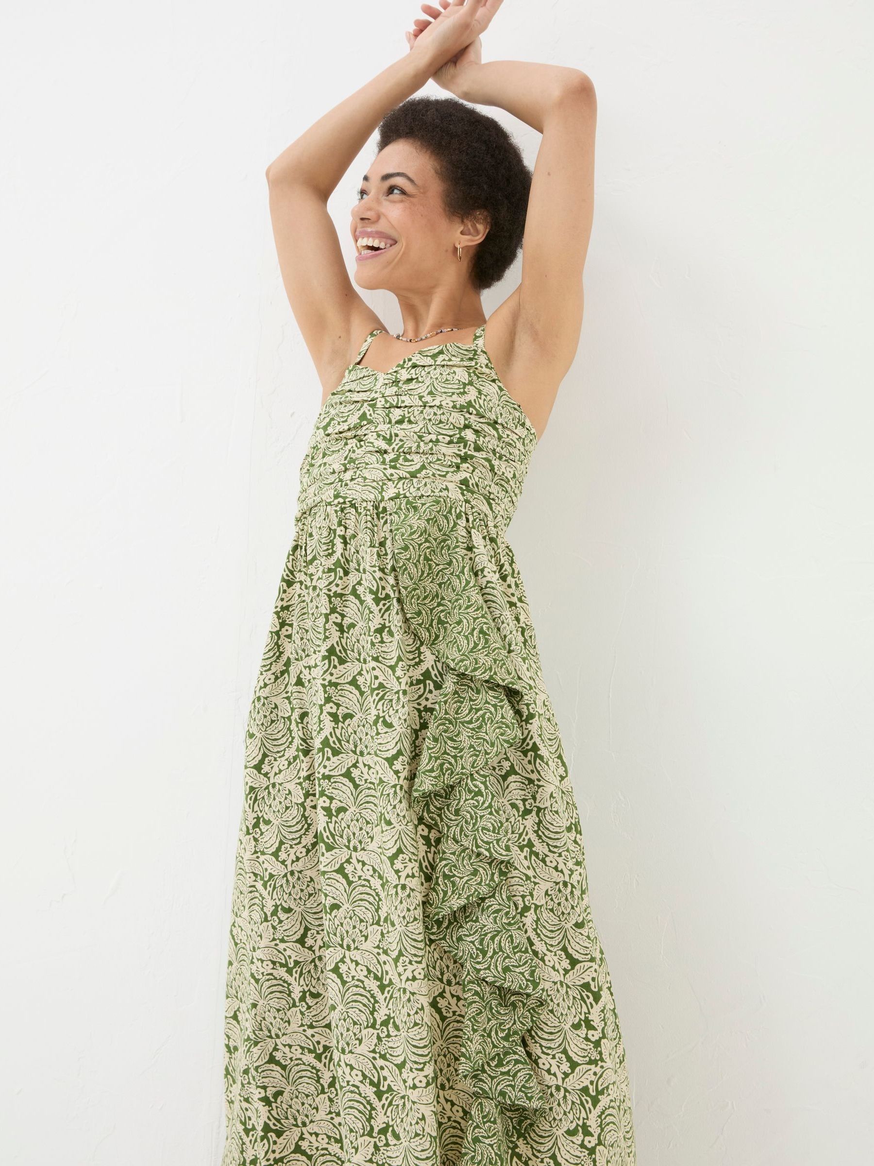 Lucia Green Damask Floral Linen Blend Midi Dress - Image 5 of 6