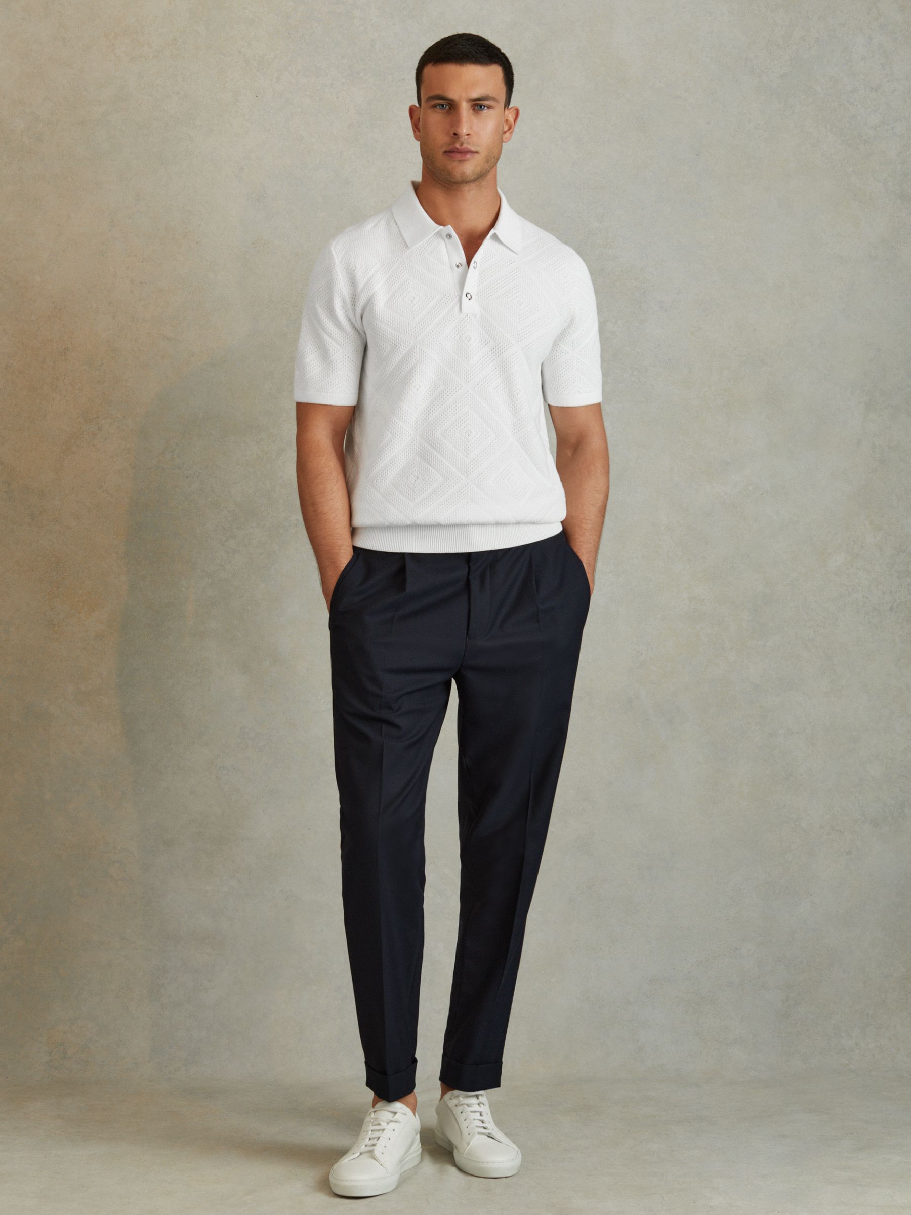 Cotton Textured Press-Stud Polo Shirt in Optic White - Image 3 of 6