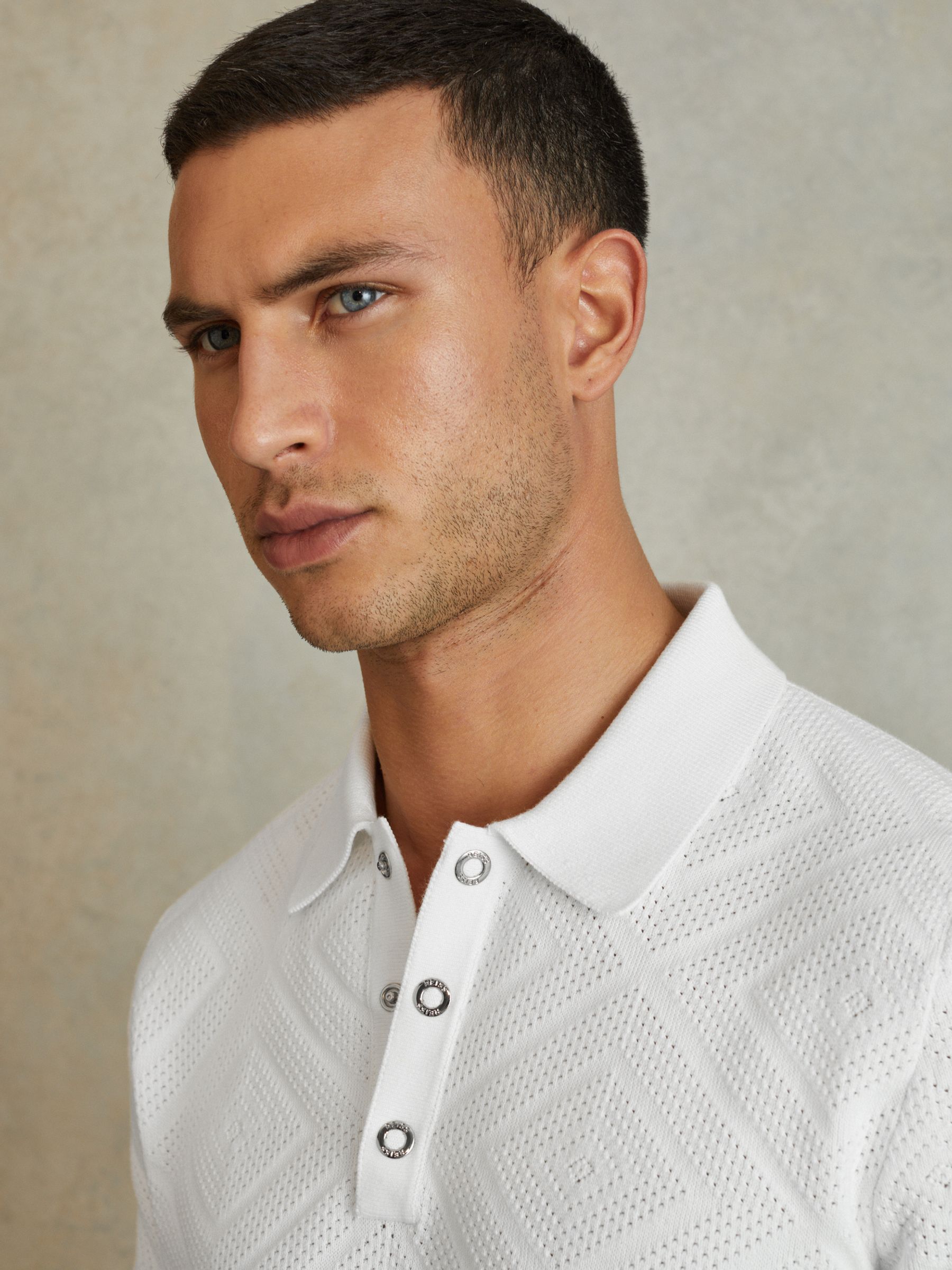 Cotton Textured Press-Stud Polo Shirt in Optic White - Image 4 of 6
