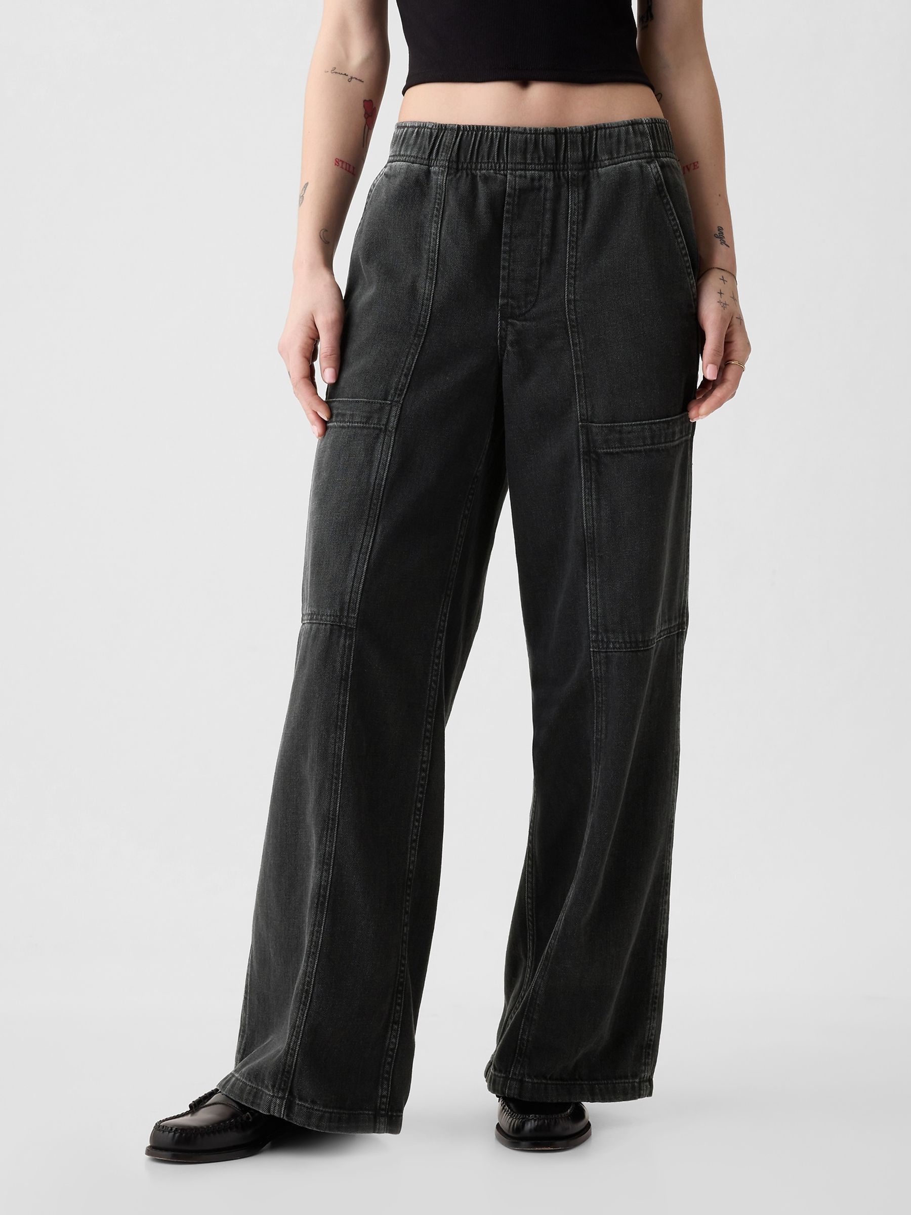 Black High Waisted Wide Leg Utility Easy Jeans - Image 2 of 7