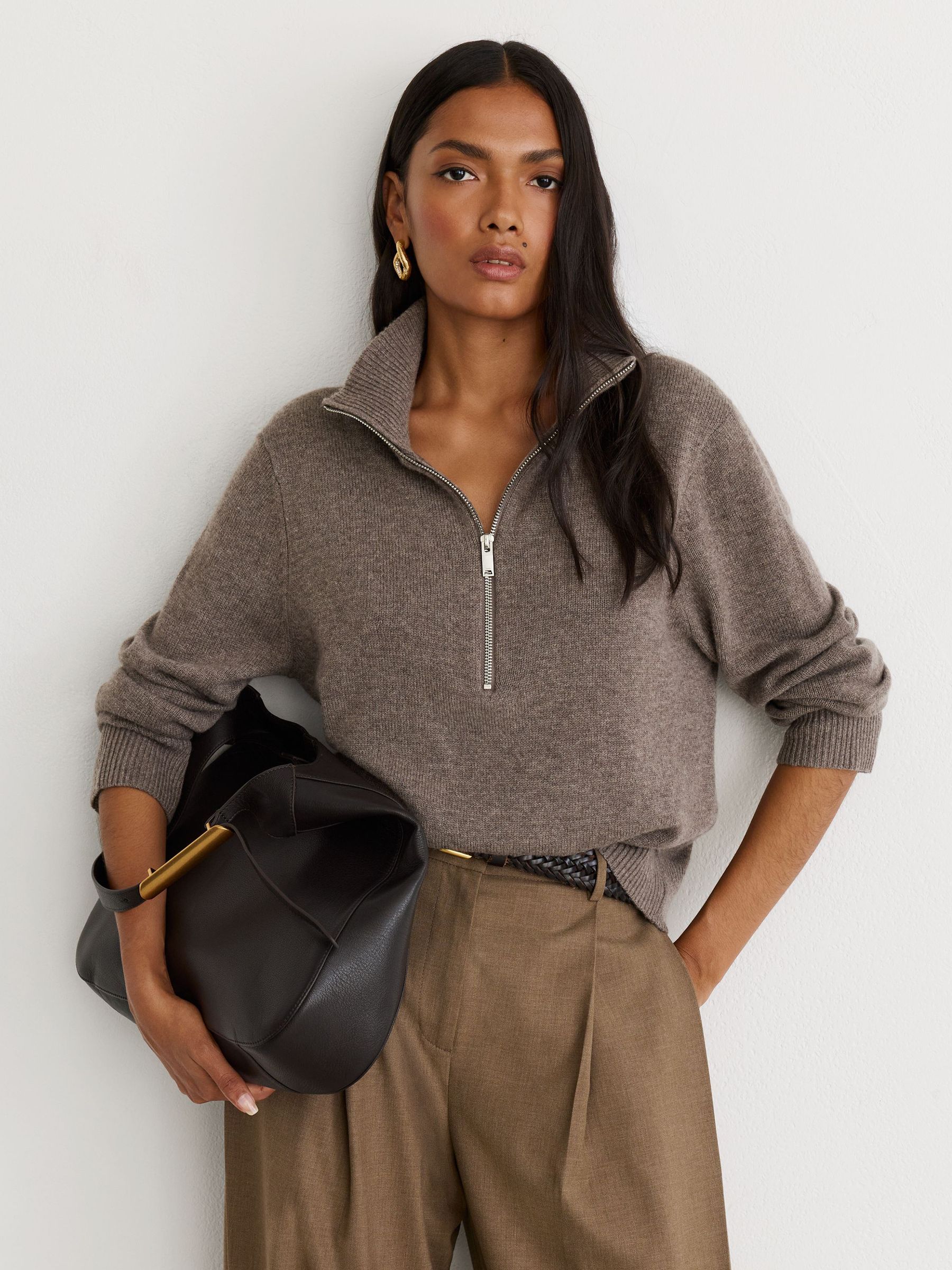 Wool-Cashmere Half-Zip Jumper in Dark Neutral - Image 1 of 6