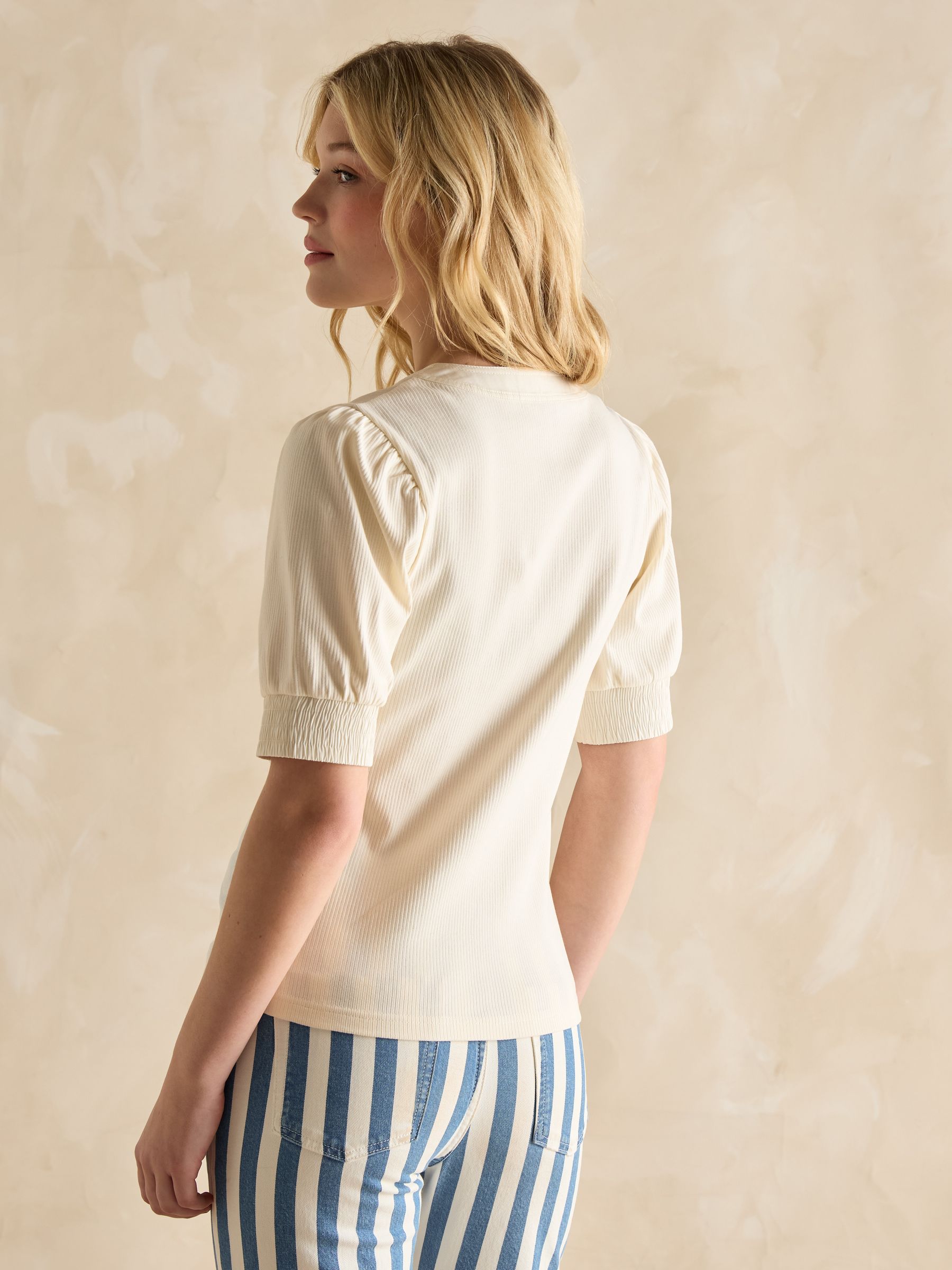 Tabitha Cream Ribbed V-Neck Top With Puff Sleeves - Image 2 of 6