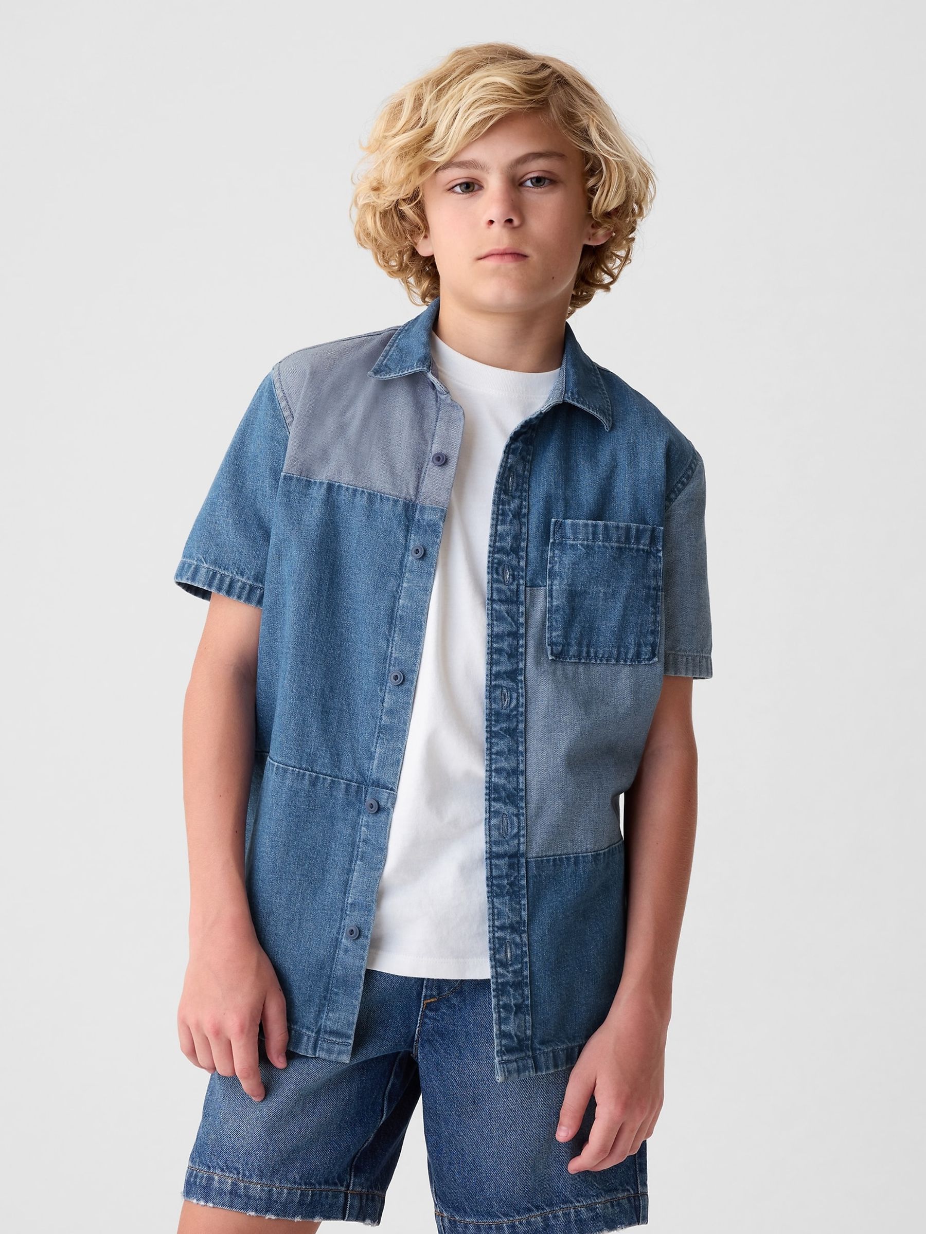 Blue Cotton Patchwork Short Sleeve Denim Shirt (4-13yrs) - Image 1 of 4