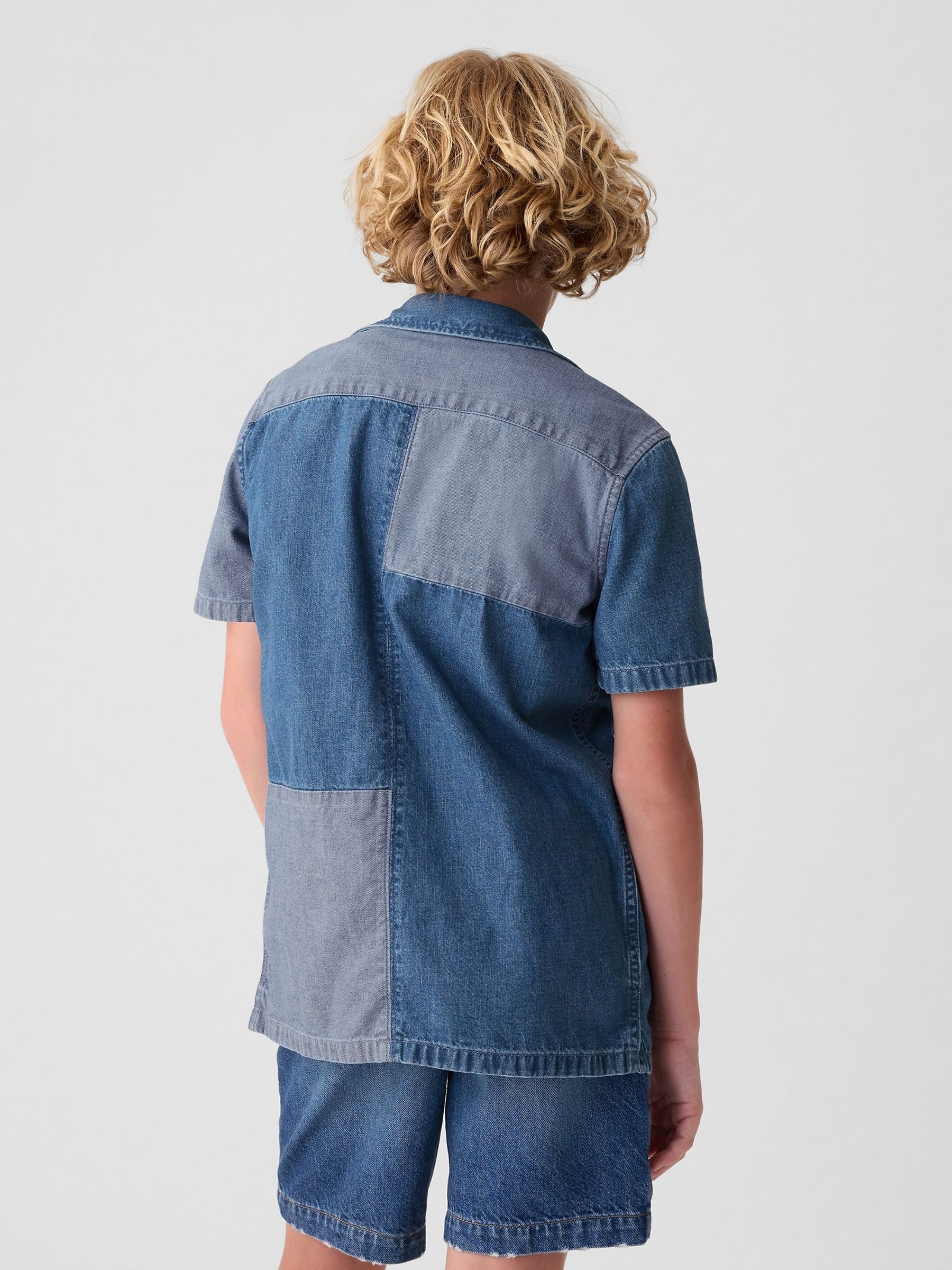 Blue Cotton Patchwork Short Sleeve Denim Shirt (4-13yrs) - Image 2 of 4