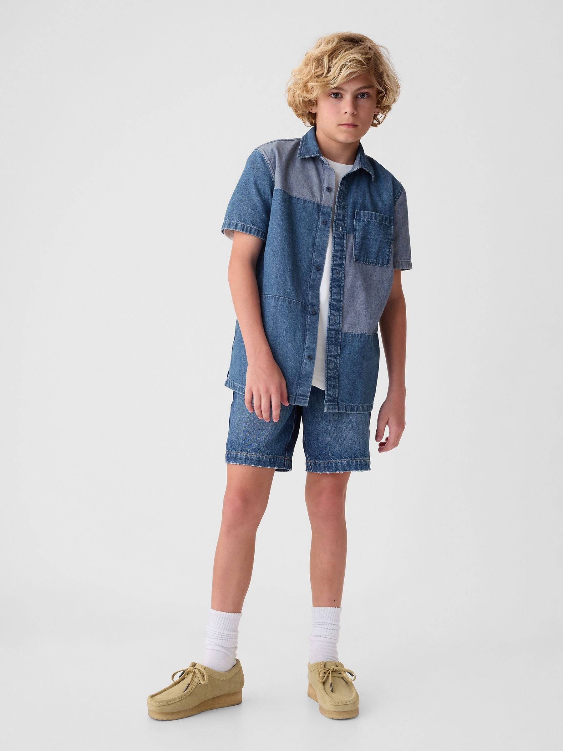 Blue Cotton Patchwork Short Sleeve Denim Shirt (4-13yrs) - Image 3 of 4