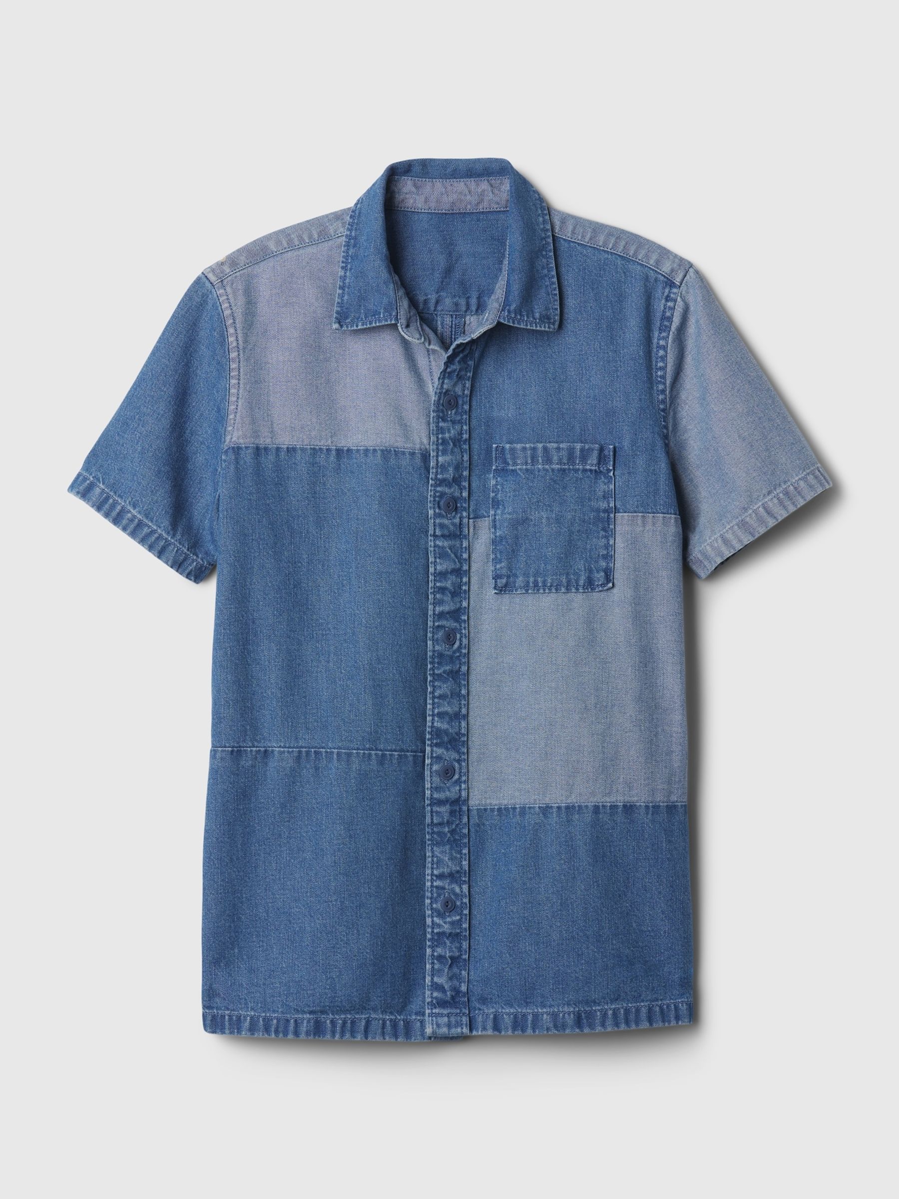 Blue Cotton Patchwork Short Sleeve Denim Shirt (4-13yrs) - Image 4 of 4