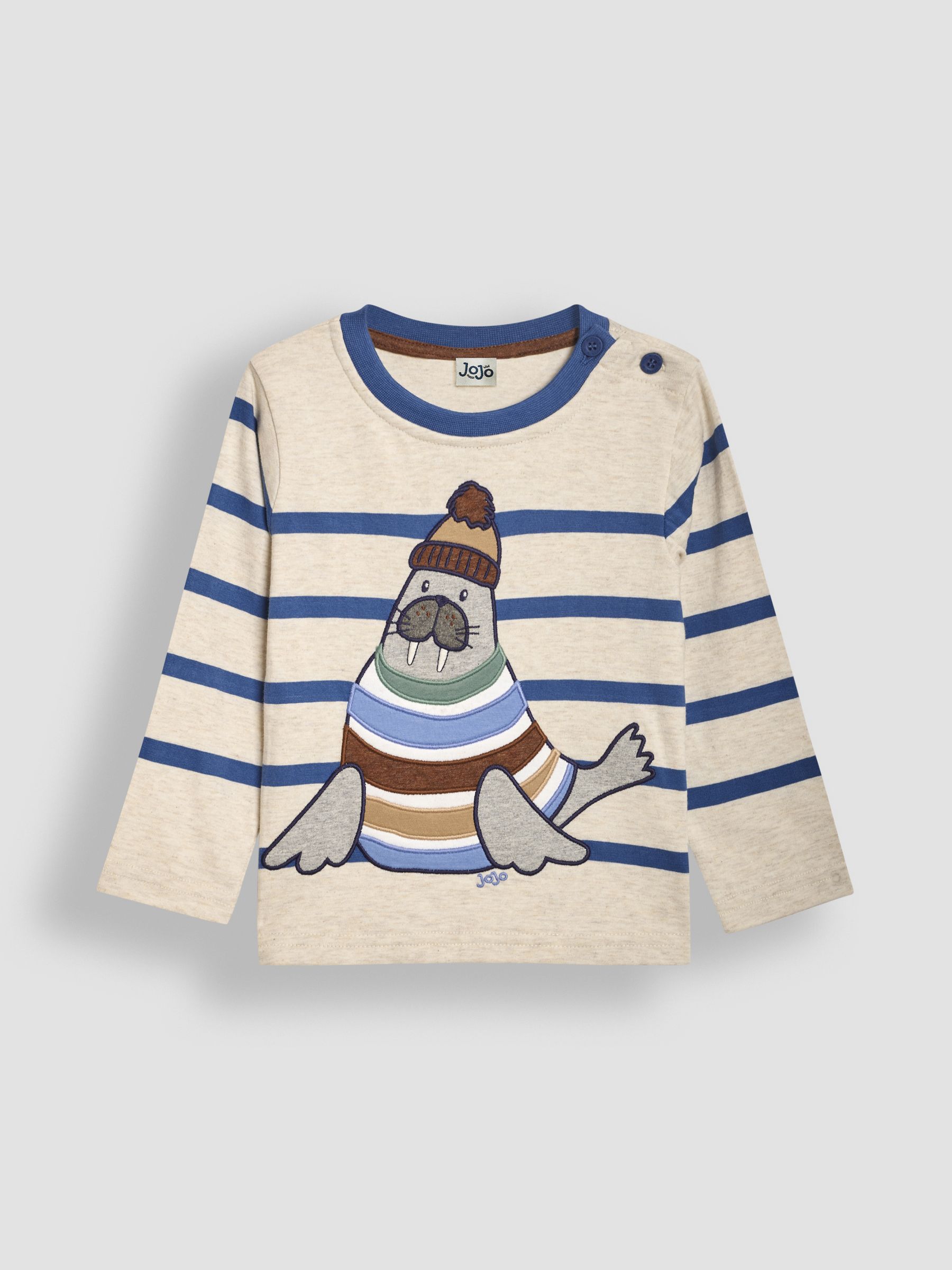 Natural Walrus Long Sleeve Button Shoulder Striped Appliqué Top - Image 1 of 3