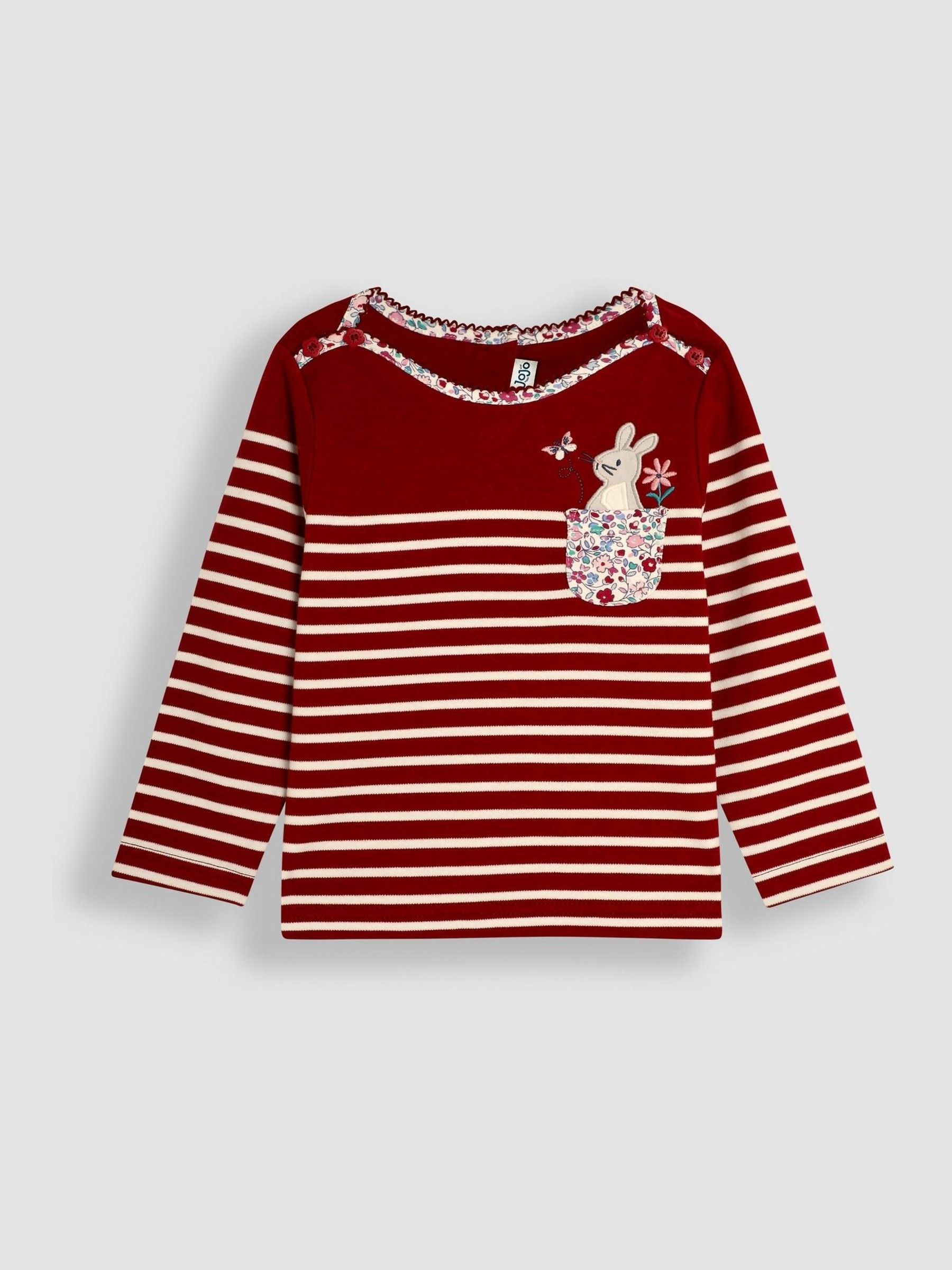 Berry Pink Bunny Cotton Long Sleeve Pocket Breton Top - Image 1 of 3