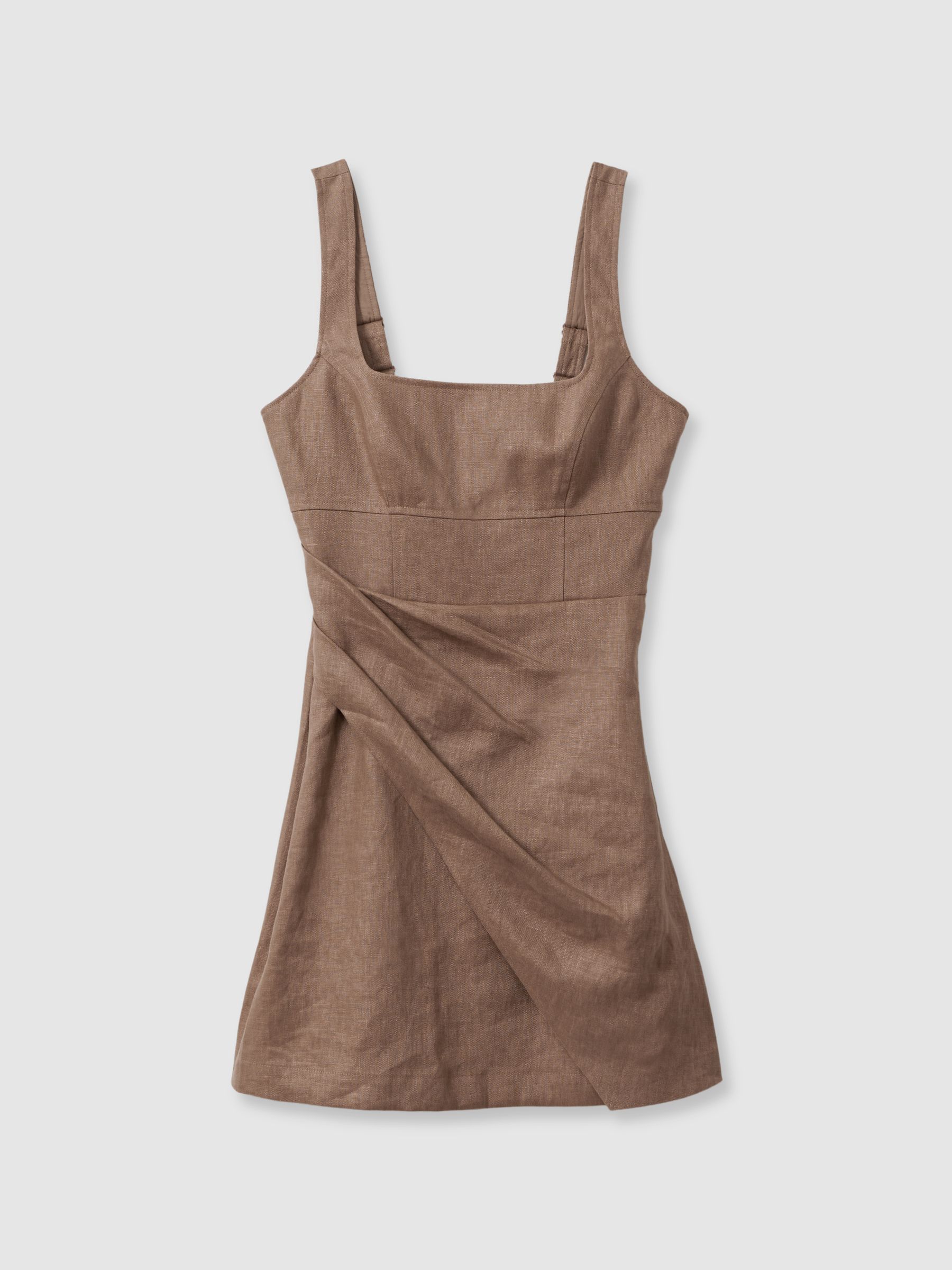 Linen Pleat Detail Mini Dress in Brown - Image 2 of 6