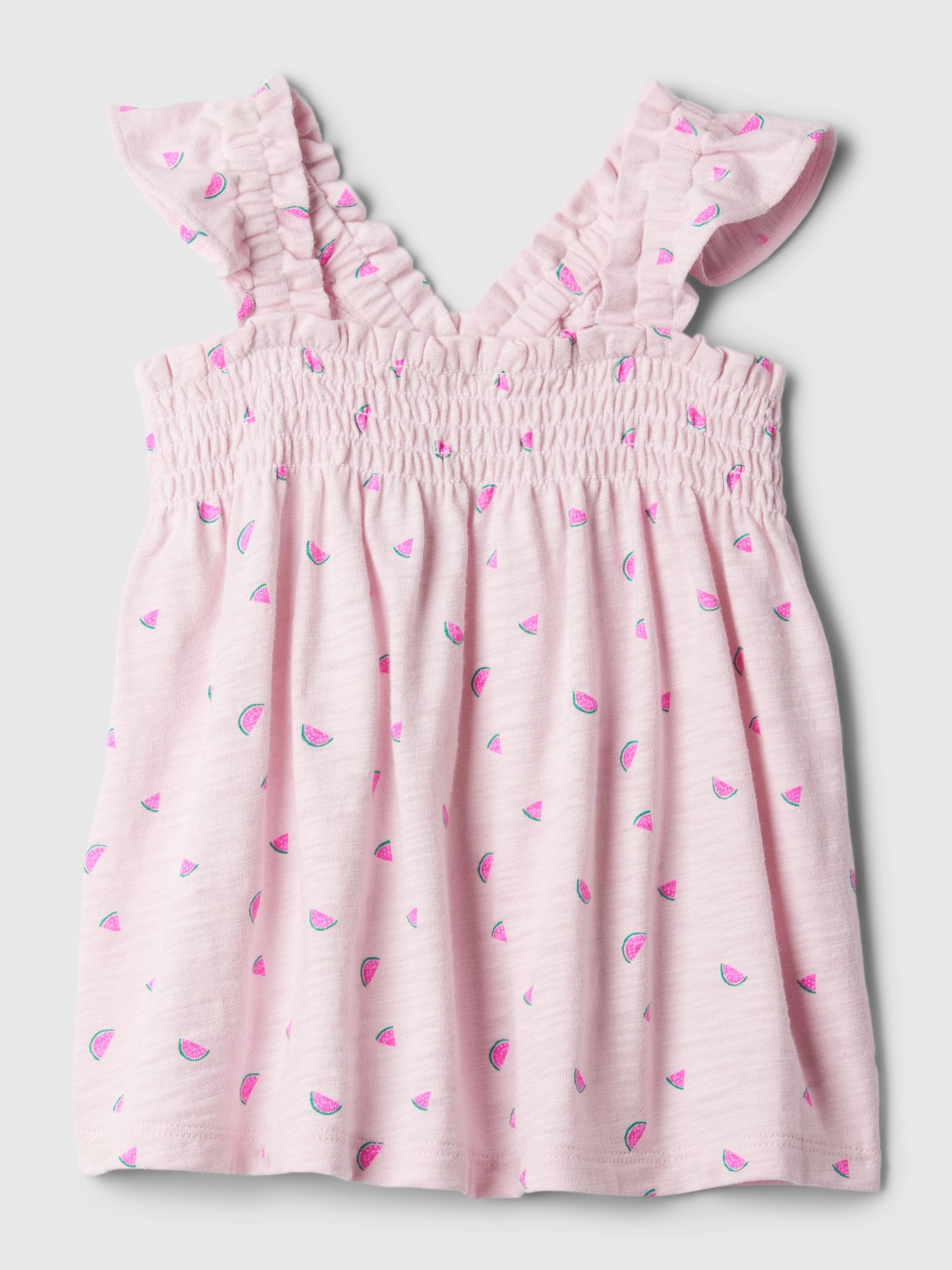 Pink Cotton Smocked Print Flutter Sleeve Vest Top - Image 1 of 3