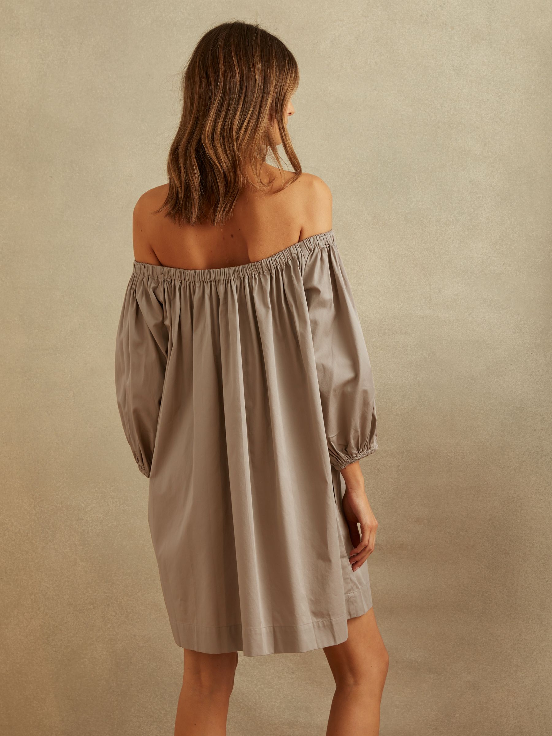 Cotton Ruched Puff Sleeve Mini Dress in Mocha - Image 4 of 5